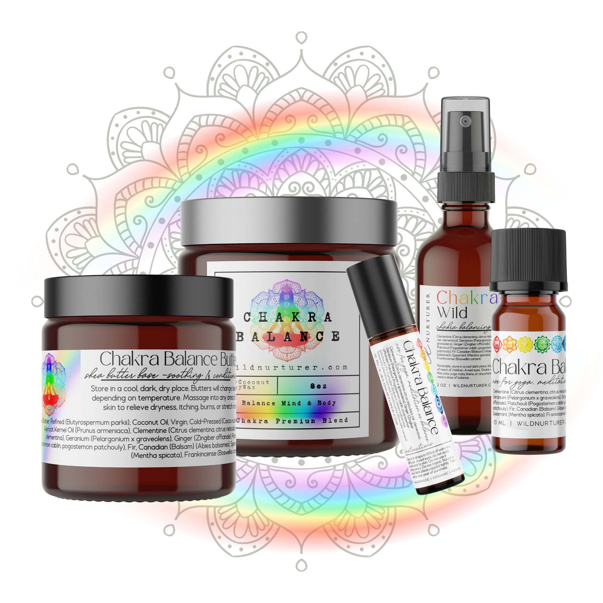 Heaven & Earth Aromatherapy’s Chakra Balance Collection, a range of skincare and wellness products with essential oils, is displayed against a pastel mandala and rainbow background.