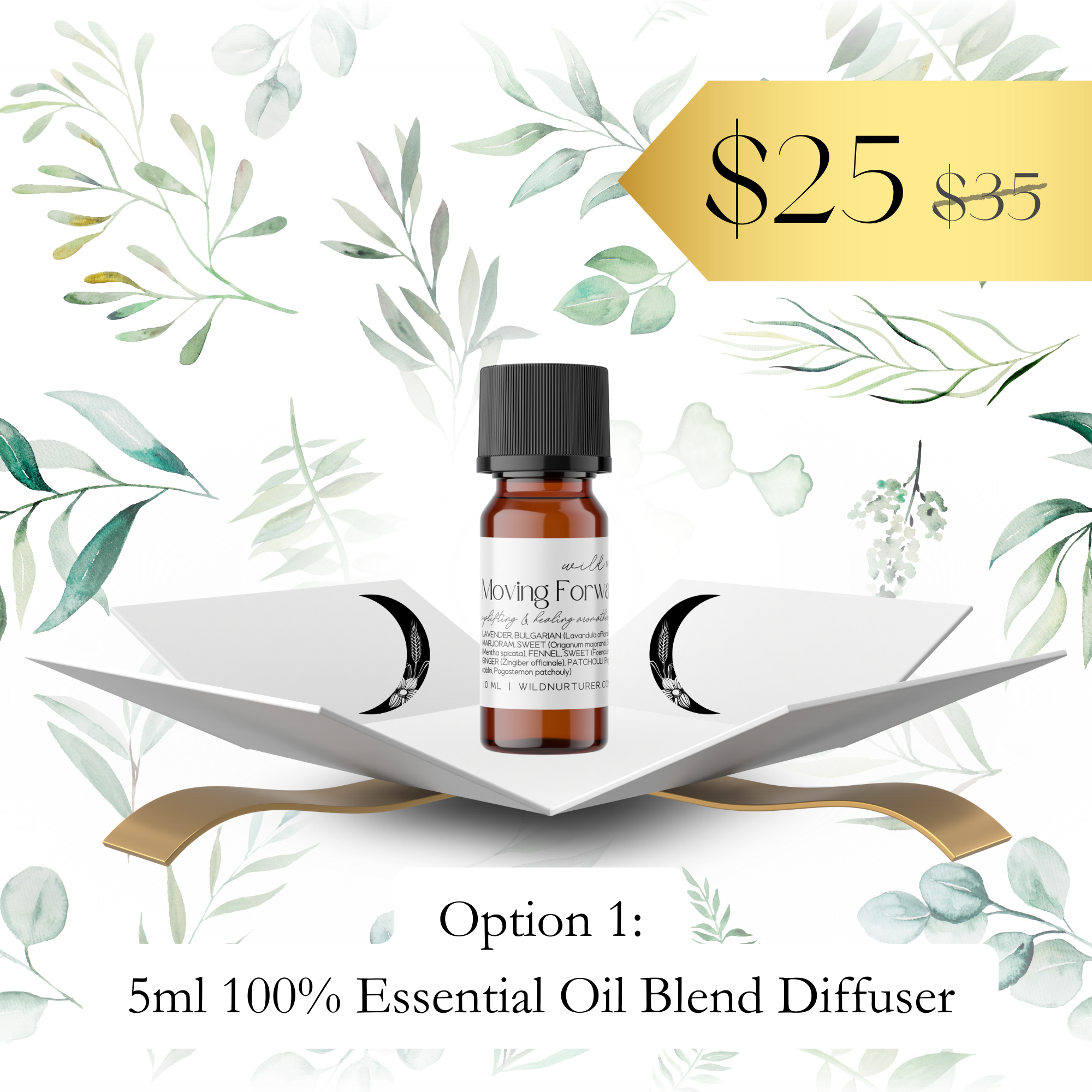 A 5ml Wild Nurturer Aromatherapy oil diffuser sits on an open moon-themed book. Now $25 (was $35). Text: "Aroma of the Month Club—5ml 100% Essential Oil Blend, perfect for any monthly aromatherapy subscription.