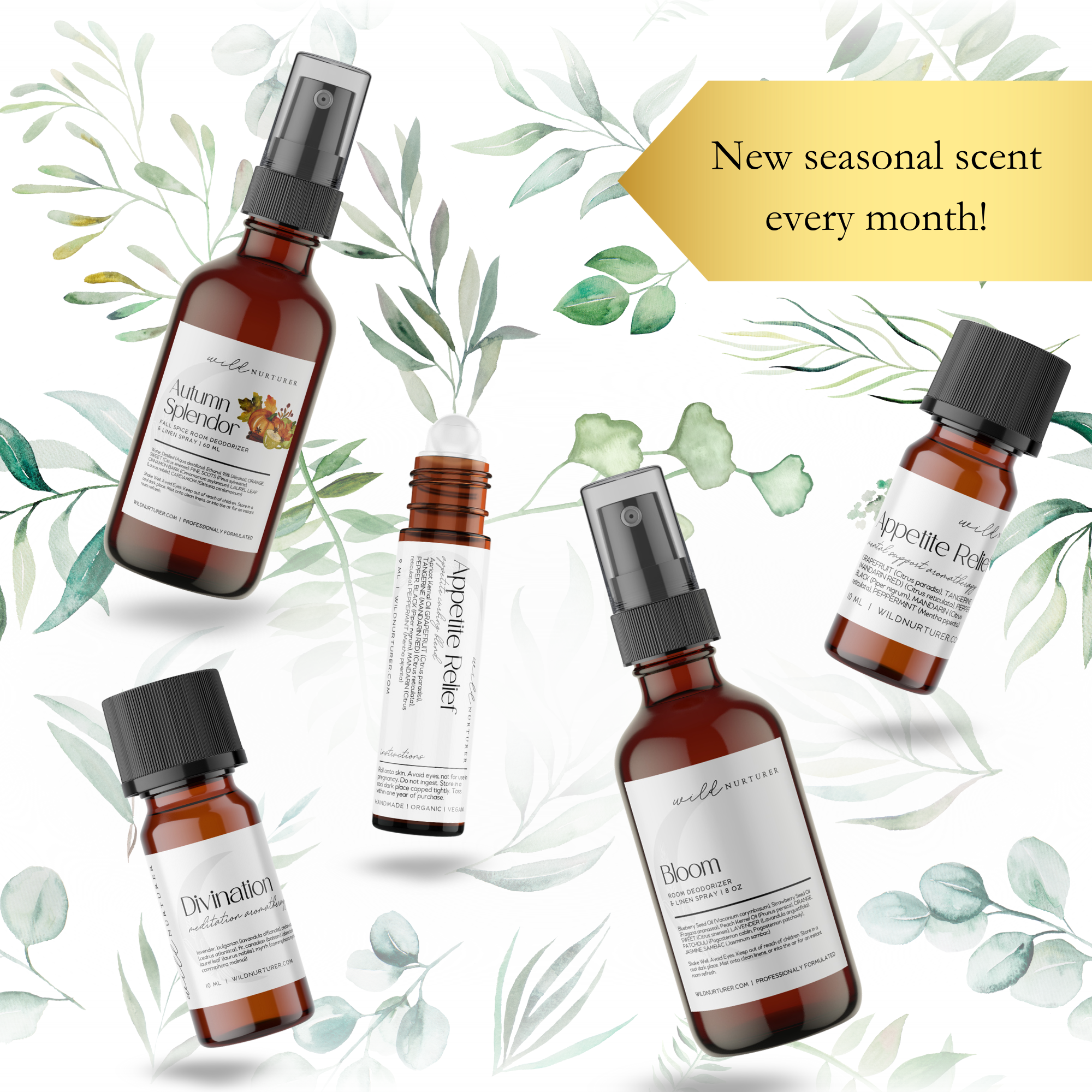 Five brown glass bottles from Wild Nurturer Aromatherapy are arranged on leaves, with a gold banner: “New seasonal scent every month!”—a perfect gift from the Aroma of the Month Club: Monthly Aromatherapy Subscription.