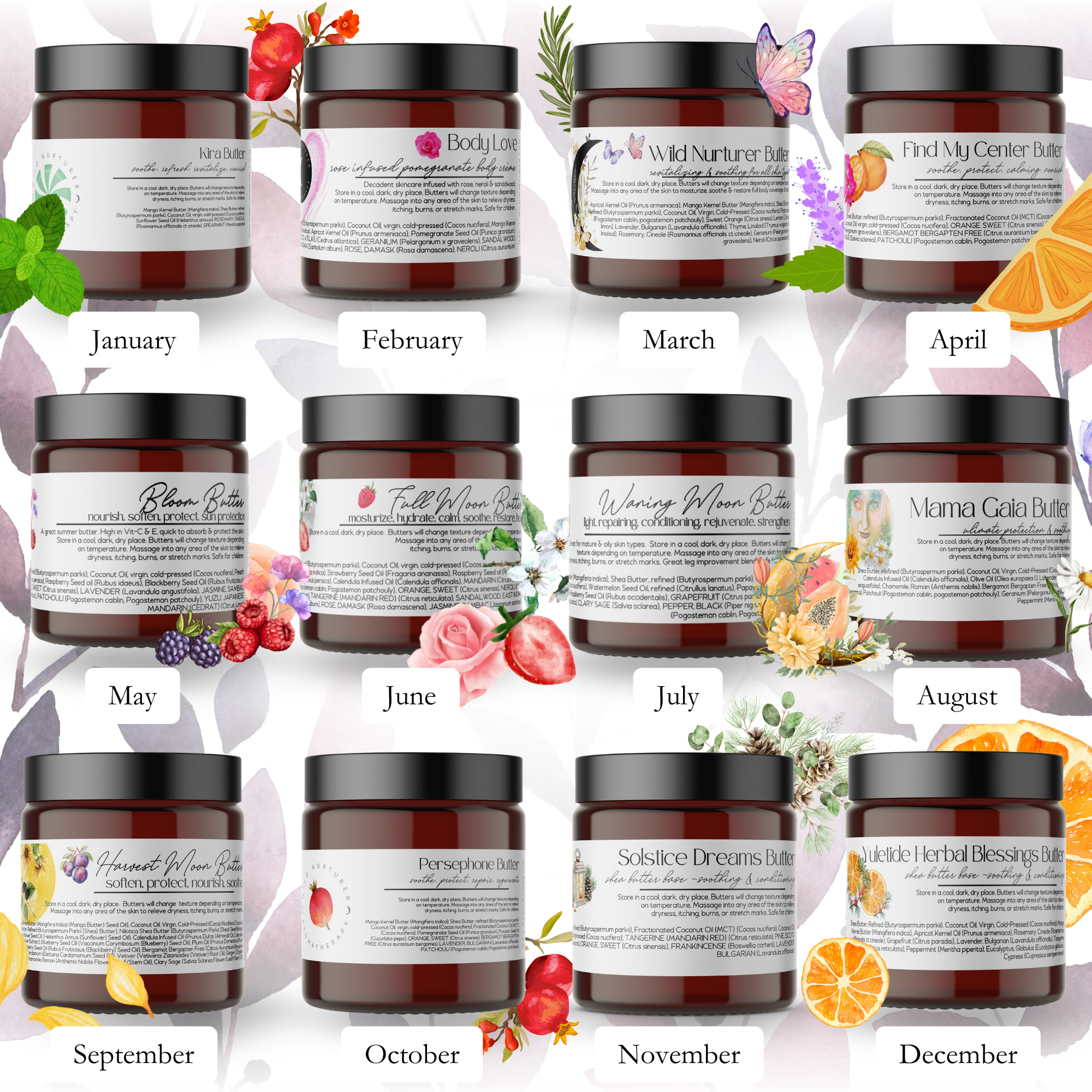 A grid of twelve candles from Wild Nurturer Aromatherapy, each for a different month and featuring themed botanical art—the perfect Candle Club subscription box for aromatherapy lovers.