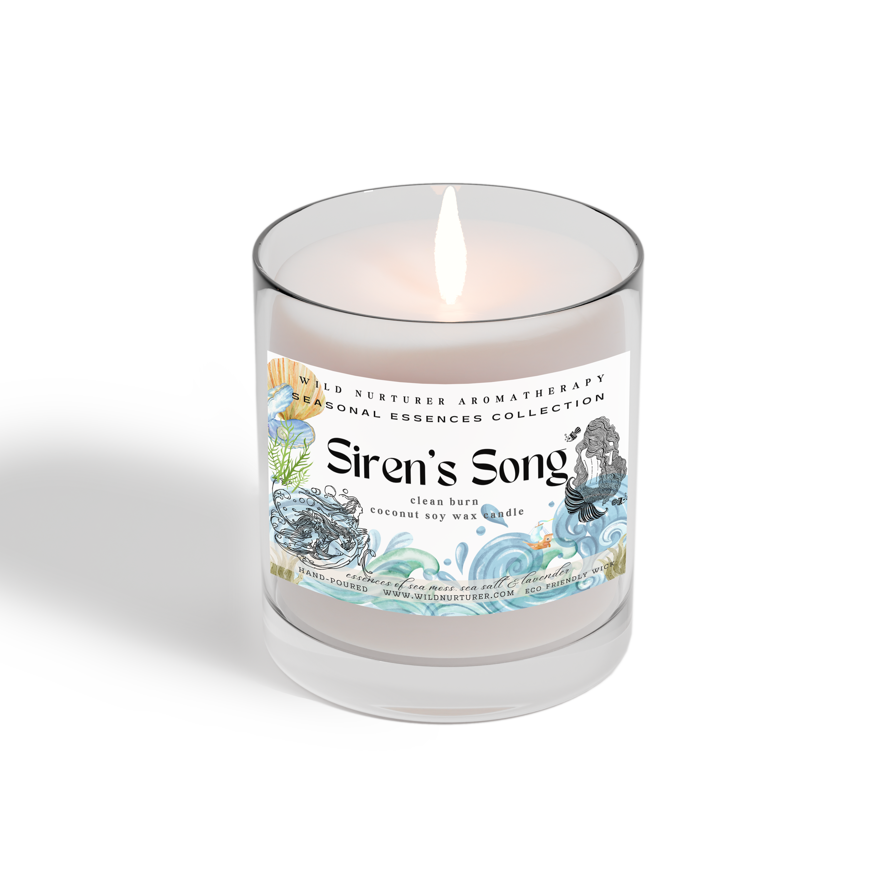 Heaven & Earth Aromatherapy’s Siren's Song candle fills your space with Irish moss, marine notes, and lavender, capturing a coastal vibe in a clear glass jar with ocean-inspired artwork.