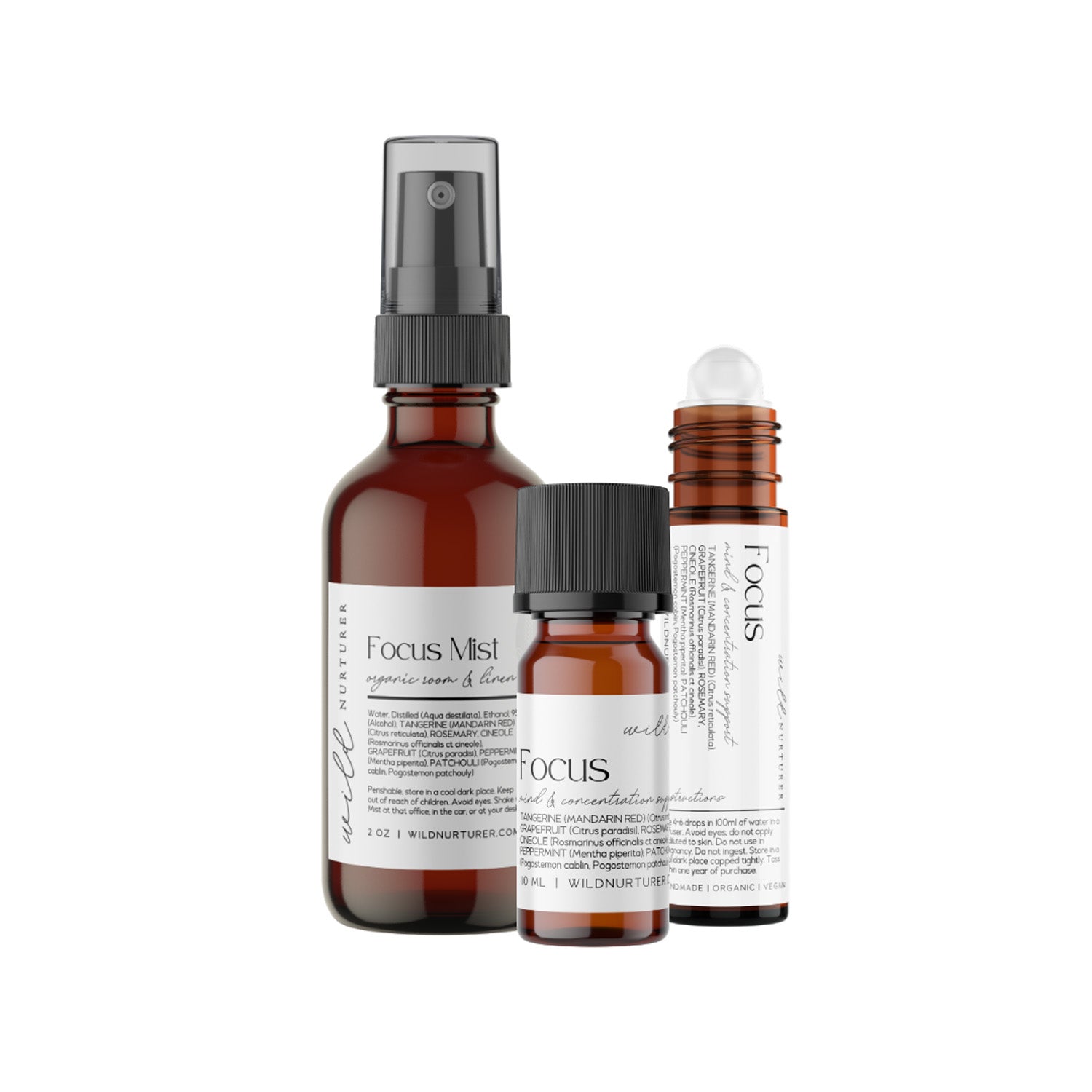 Two bottles of Wild Nurturer Aromatherapy's "Focus Blend" essential oil spray, one larger with a spray nozzle and one smaller with a dropper, both with white labels on a white background.