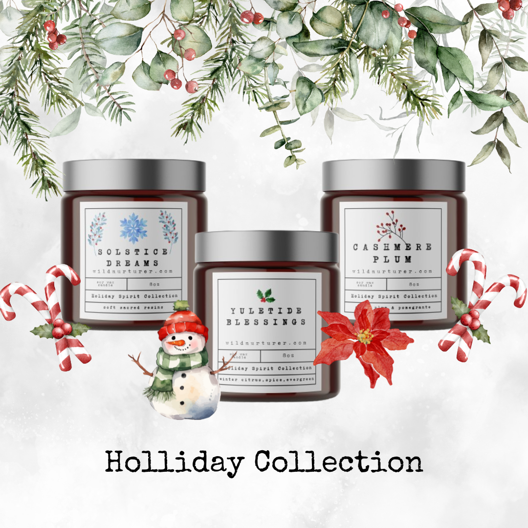 Heaven & Earth Aromatherapy’s Holiday Candle Collection features Solstice Dreams, Yuletide Blessings, and Cashmere Plum candles, displayed with festive decor. Text reads “Holiday Candle Collection.”.