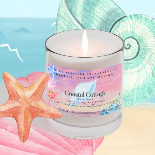 A lit Heaven & Earth Aromatherapy "Coastal Cottage" Hand Poured Soywax Candle sits in front of illustrated seashells and a starfish on a beach-themed background.