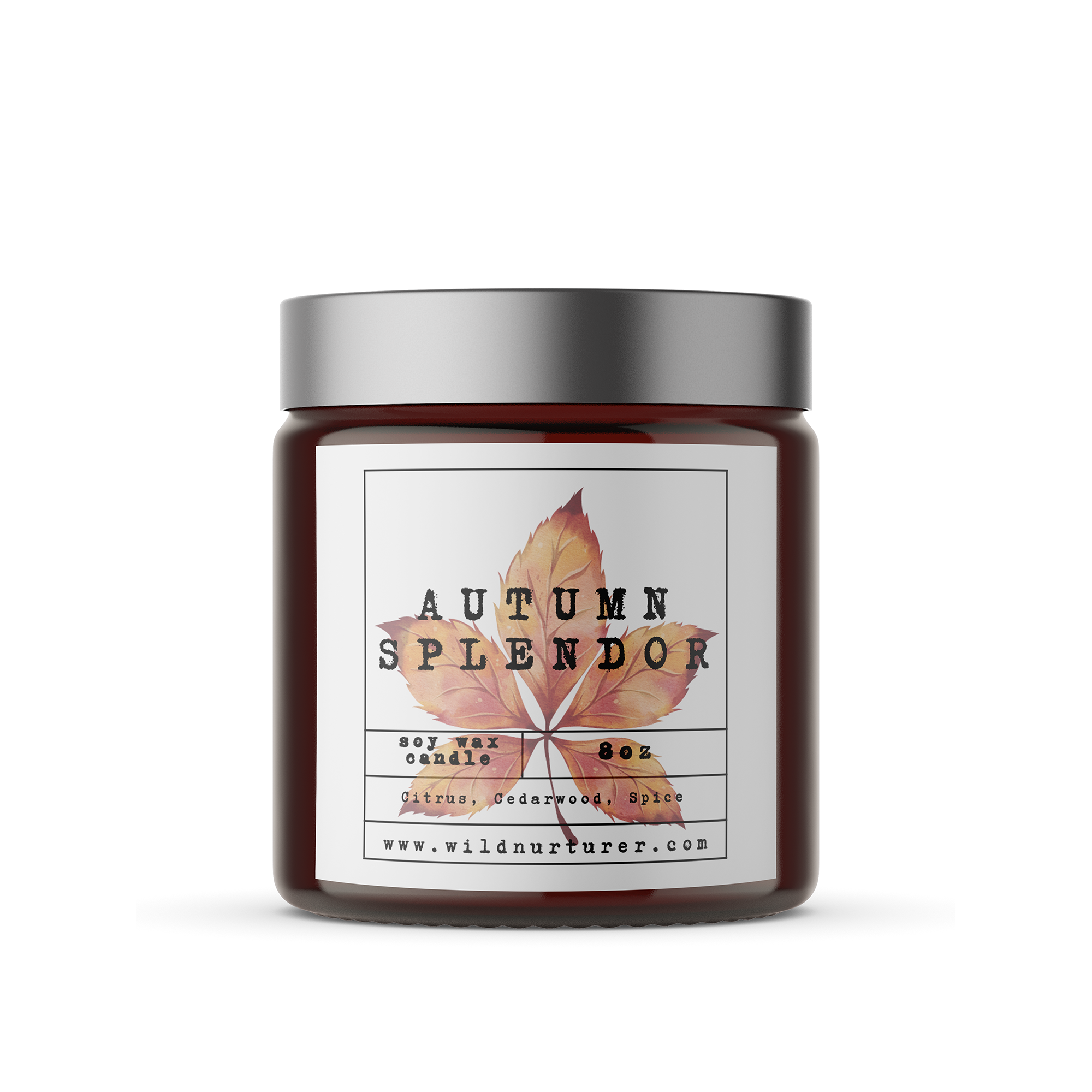 Part of the Heaven & Earth Aromatherapy Autumn Candle Collection, this brown jar candle, "Autumn Splendor," features a leaf design with cozy aromas of grain, cedarwood, and pumpkin spice in a soy wax blend. Discover more at www.wildnurturer.com.