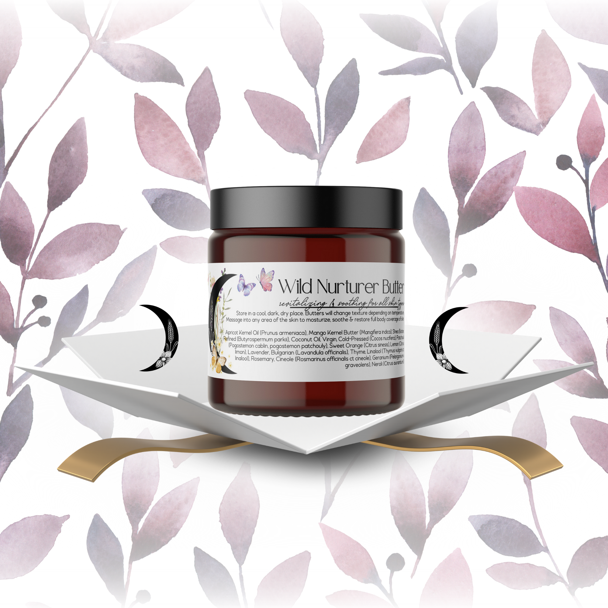 A Candle Club - Monthly Subscription Delivery by Wild Nurturer Aromatherapy sits open on a book with a gold spoon, set against a backdrop of watercolor leaves.