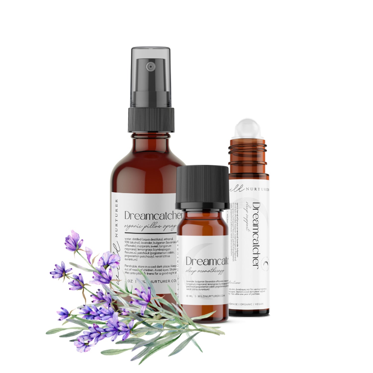 Three bottles of Dreamcatcher Organic Sleep Aromatherapy products with purple flowers on a white background by Wild Nurturer Aromatherapy.