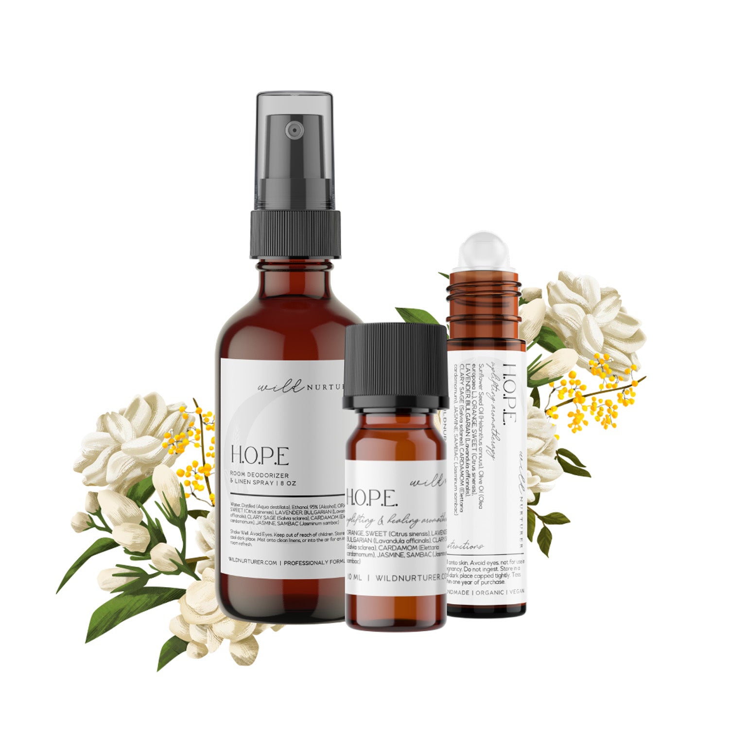Three bottles of H.O.P.E Aromatic Blend essential oils arranged with white flowers on a white background for Wild Nurturer Aromatherapy.