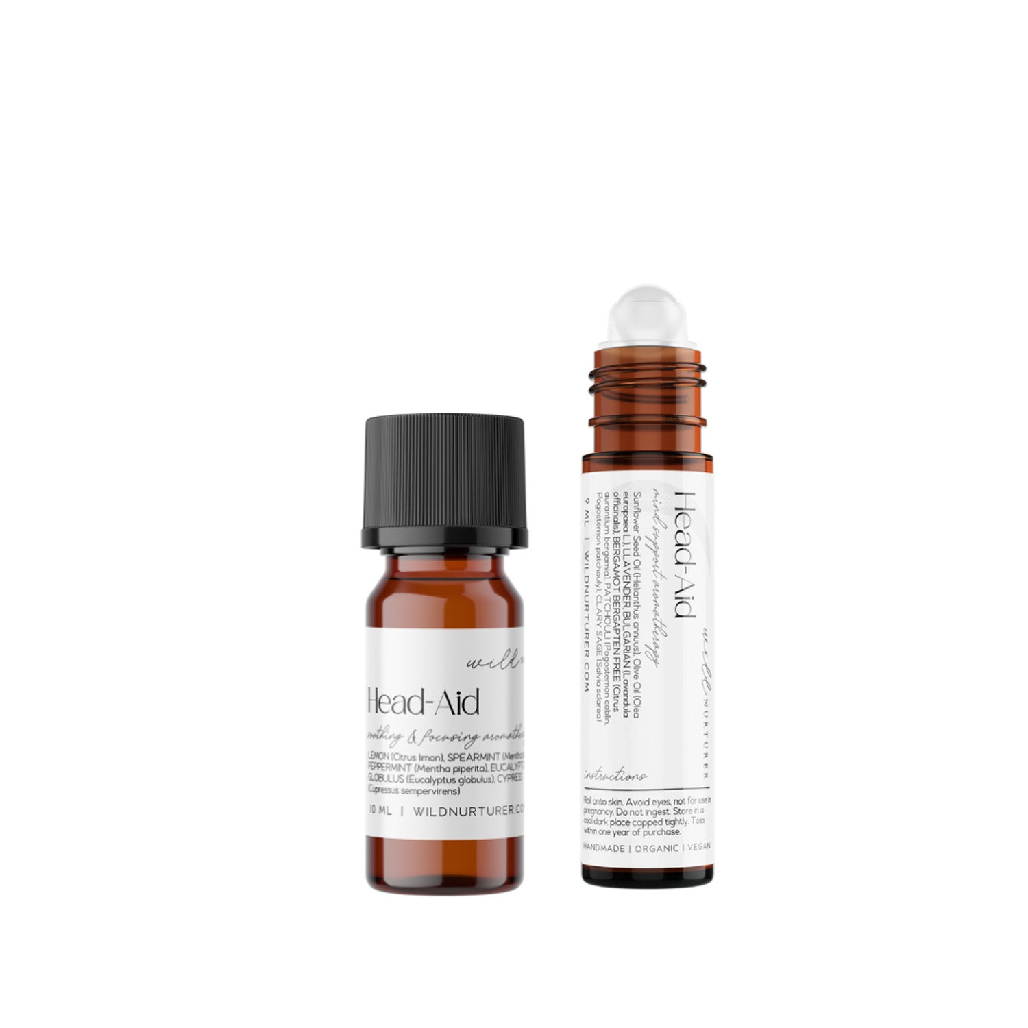 Two Head-Aid: Tension Relief Aromatherapy roller bottles on a white background, one standing upright and the other laying horizontally with a label visible.