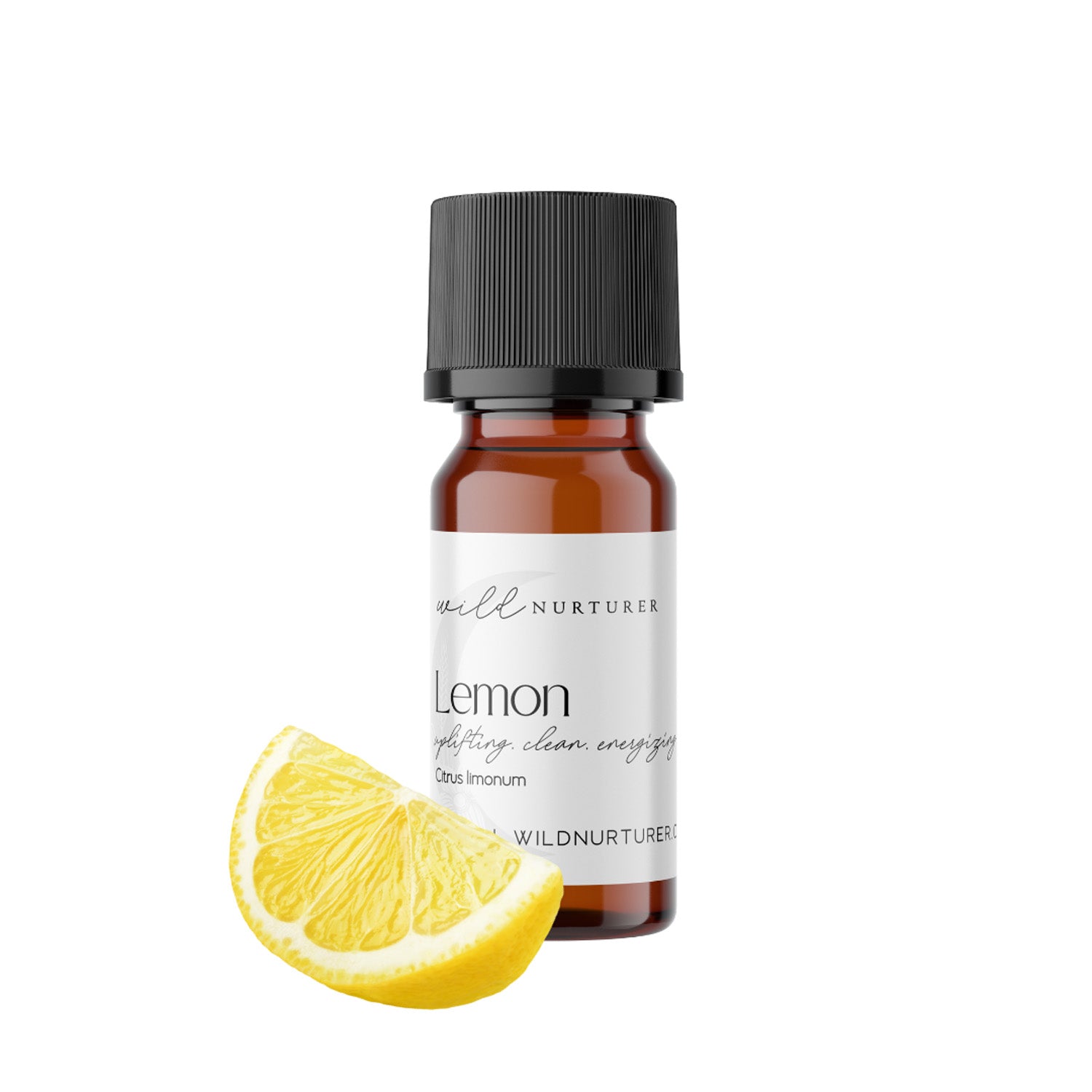 A small brown glass bottle labeled "100% Fresh & Pure Pours | Single Note Organic Essential Oil Collection lemon" with a black cap beside a fresh lemon wedge on a white background, by Wild Nurturer Aromatherapy.
