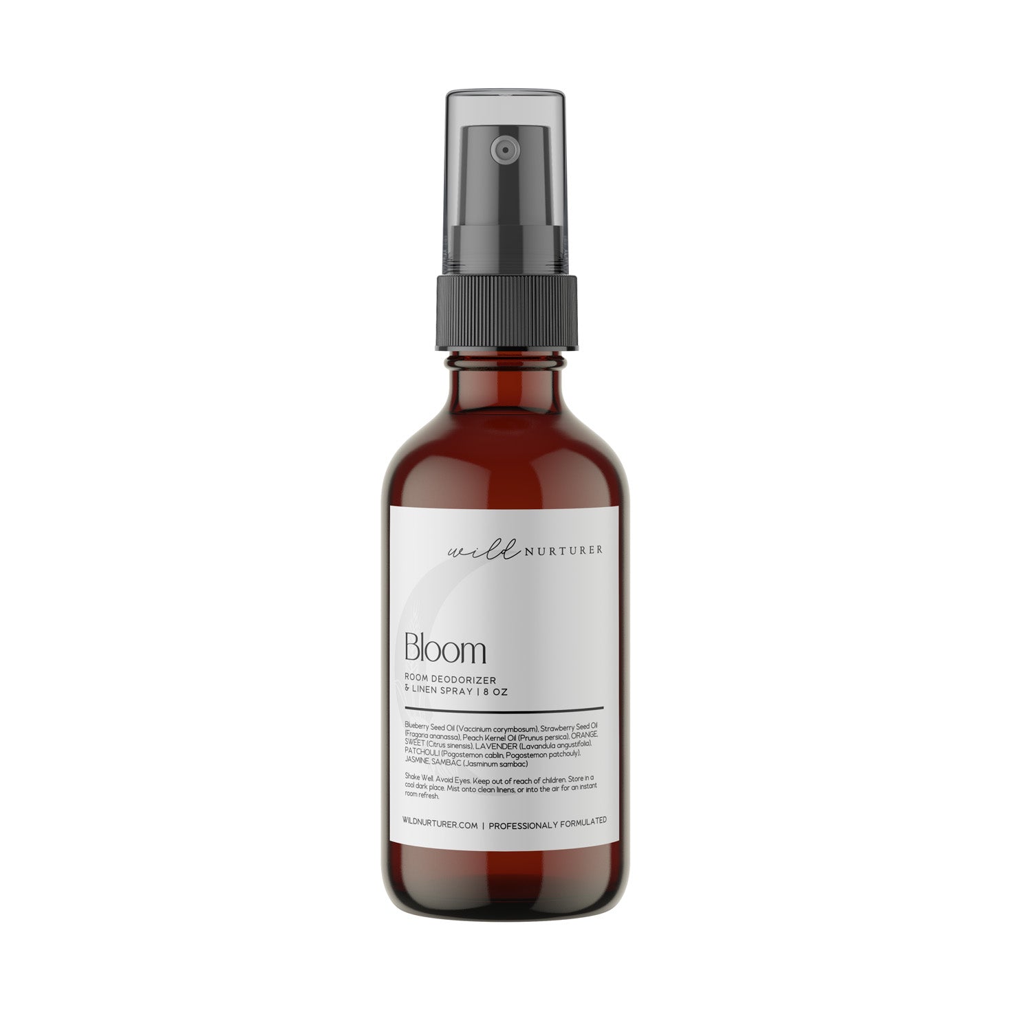 Three Bloom Exotic Aromatherapy & Skincare Blend products by Wild Nurturer Aromatherapy, featuring spray and dropper bottles surrounded by white floral accents on a white background.