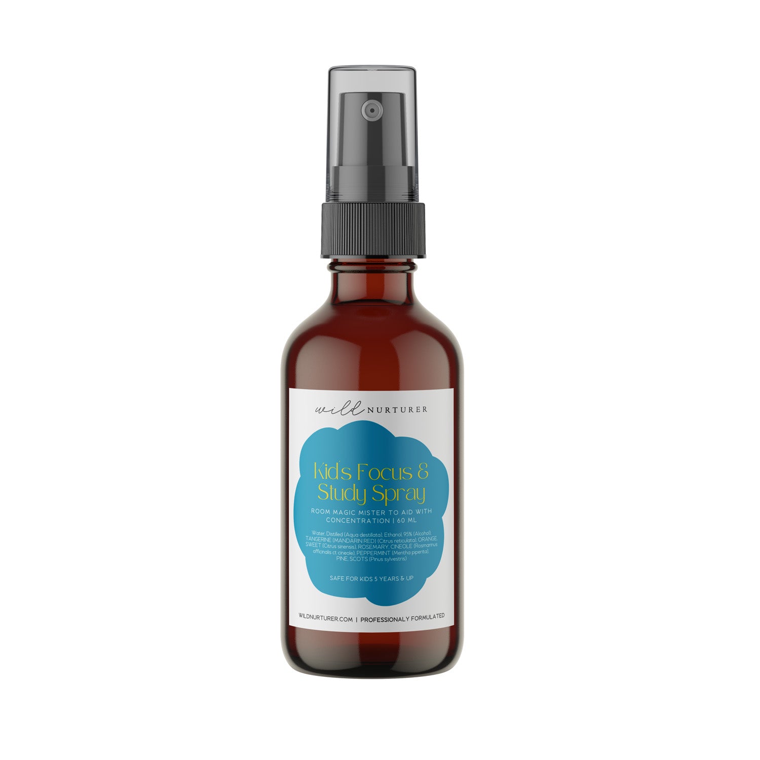 Two Kid's Magic Mists labeled "sweet dreams sleep mist" and "kids focus & study spray" by Wild Nurturer Aromatherapy, featuring Welle Naturelle aromatherapy against a white background.