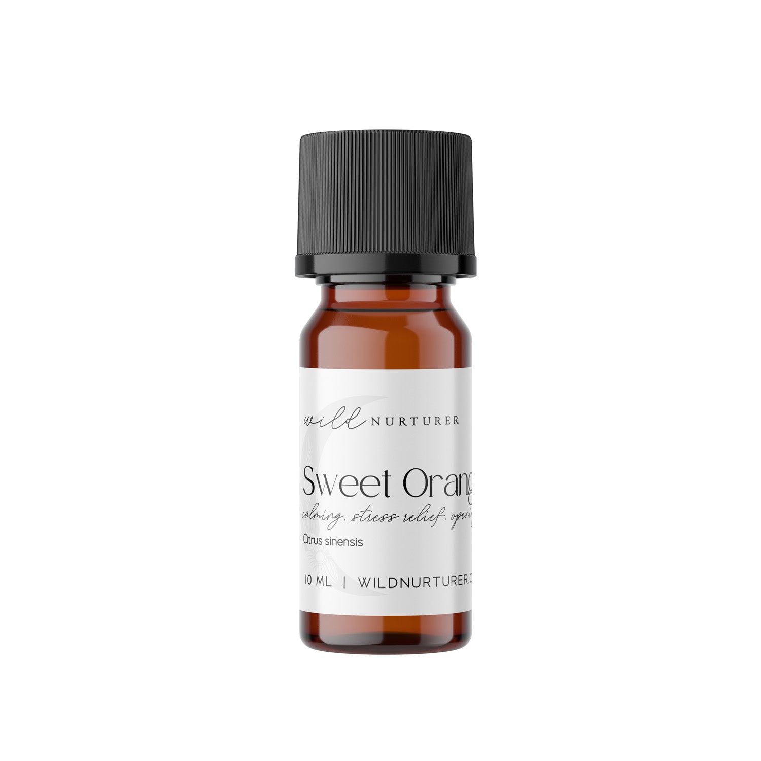 A small brown glass bottle labeled "100% Fresh & Pure Pours | Single Note Organic Essential Oil Collection lemon" with a black cap beside a fresh lemon wedge on a white background, by Wild Nurturer Aromatherapy.