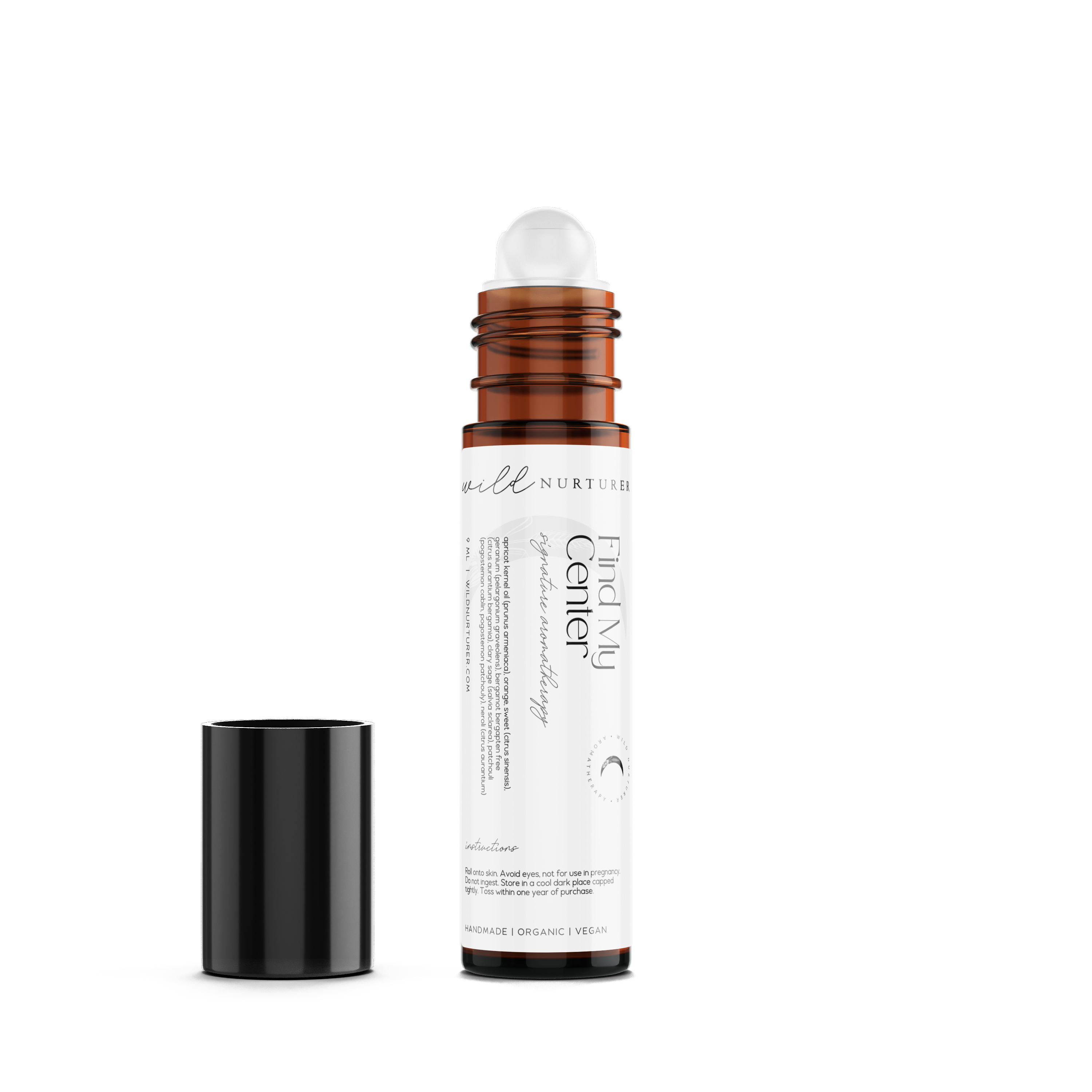 Two bottles of Find My Center essential oils by Wild Nurturer Aromatherapy, one larger with a spray nozzle and one smaller with a dropper, against a white background.