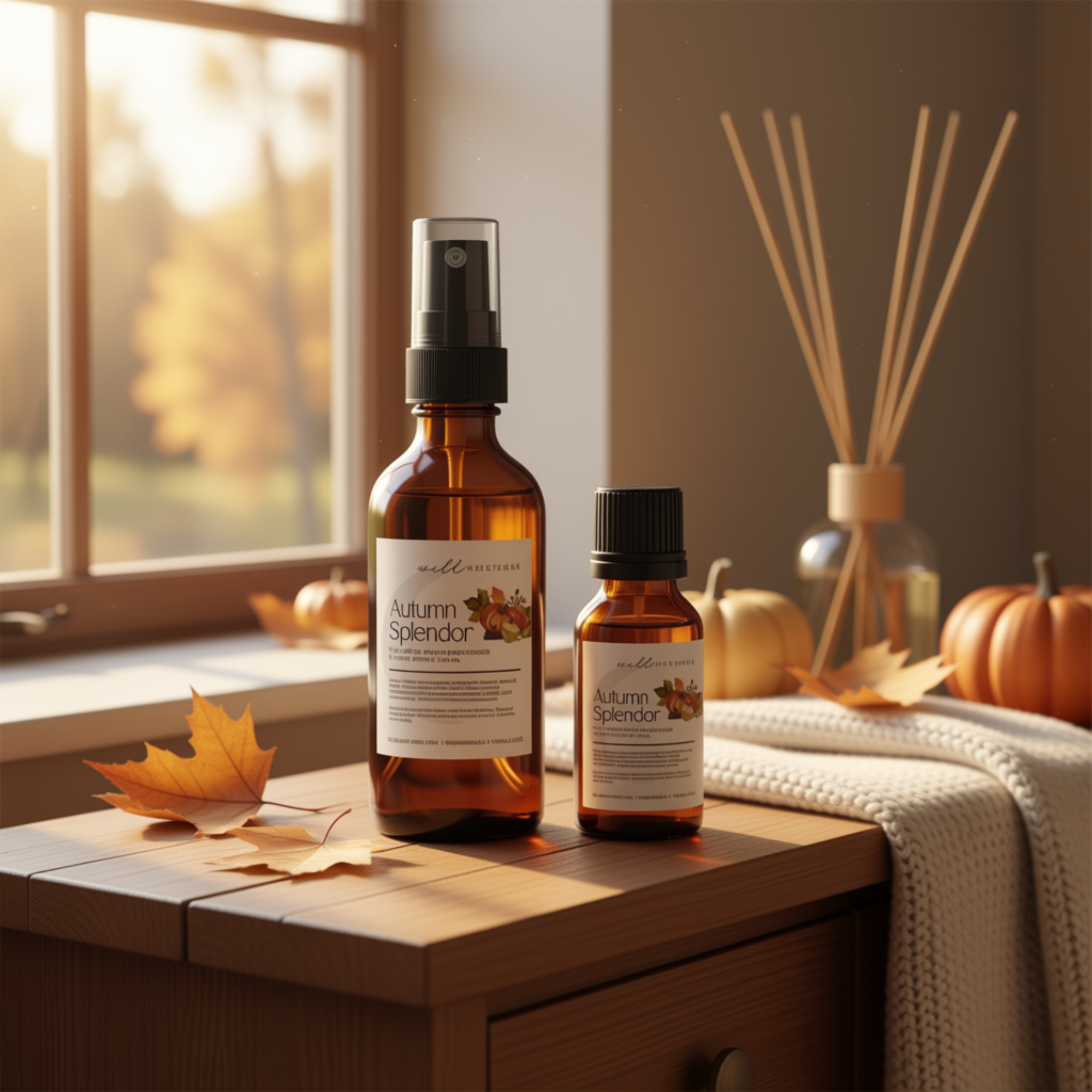 Brown spray bottle labeled “Autumn Splendor Pure Room Deodorizer Linen Spray,” with autumn leaves graphic and product details printed in black and gray text on a white label.