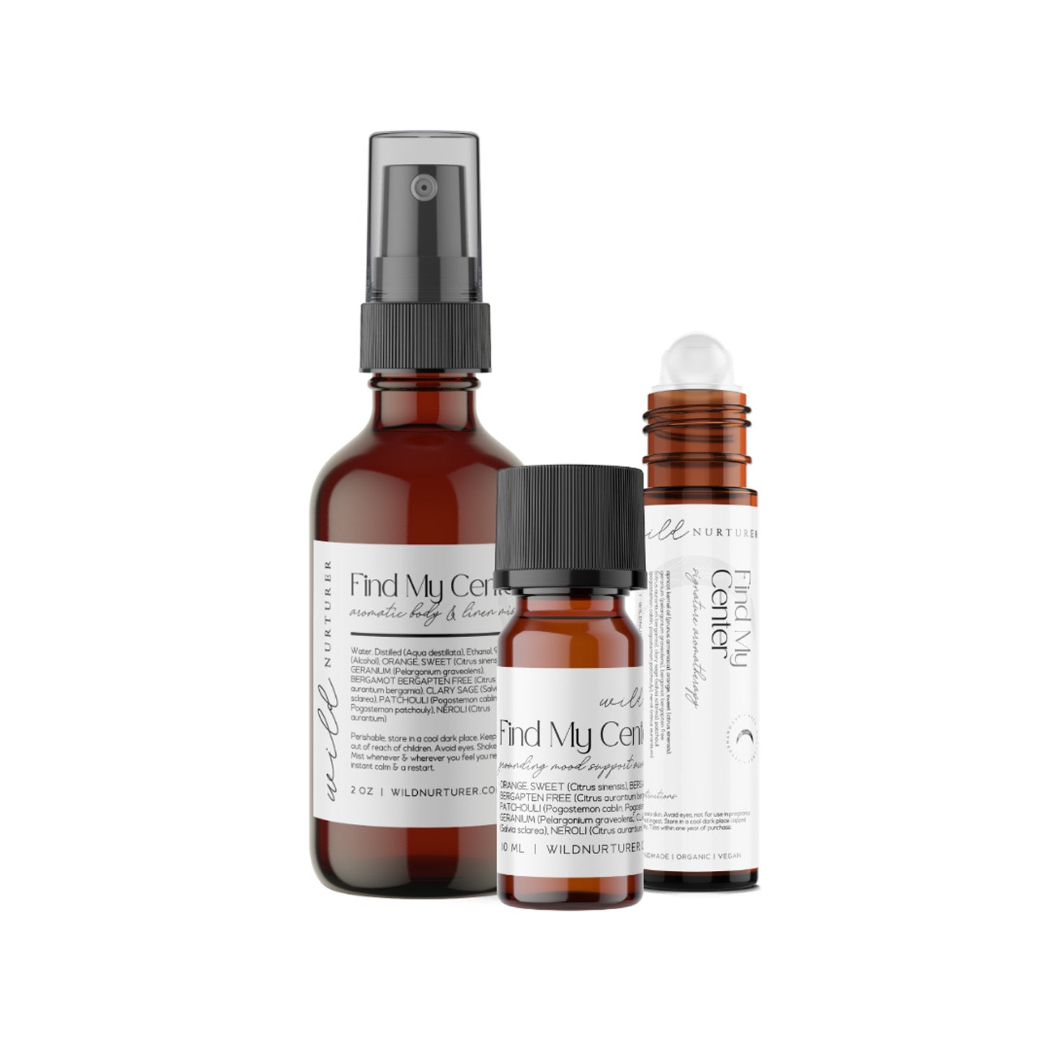 Three amber glass bottles of aromatherapy products labeled "Find My Center" from Well Nurture, including a spray, a dropper bottle, and a roller applicator, are arranged against a white background.