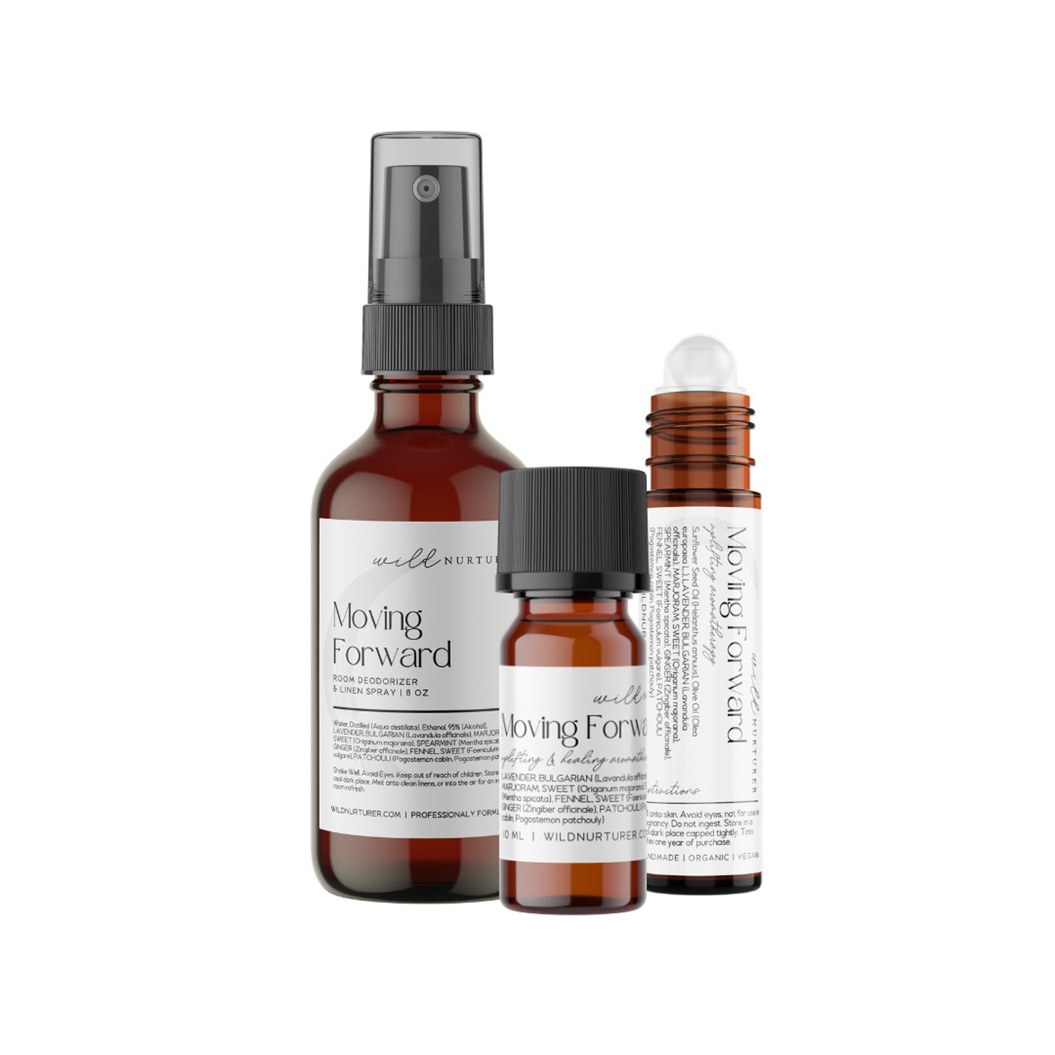Three amber glass bottles labeled "Moving Forward" by WellNurtured: a spray bottle, a dropper bottle, and a roller bottle, all standing upright against a white background.
