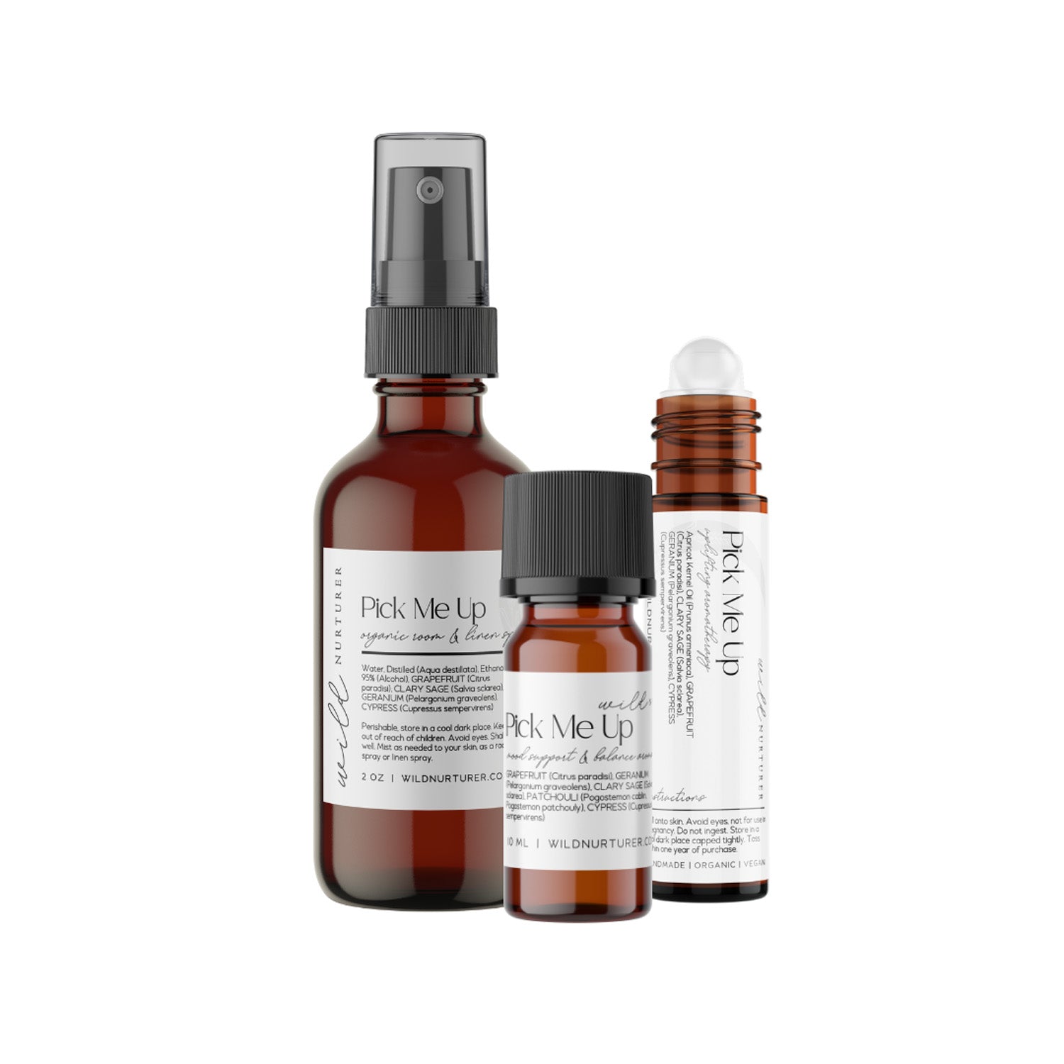 Three amber-colored bottles of Wild Nurturer’s “Pick Me Up” aromatherapy: a spray, a dropper, and a roller, each with white labels and black text, displayed against a white background.