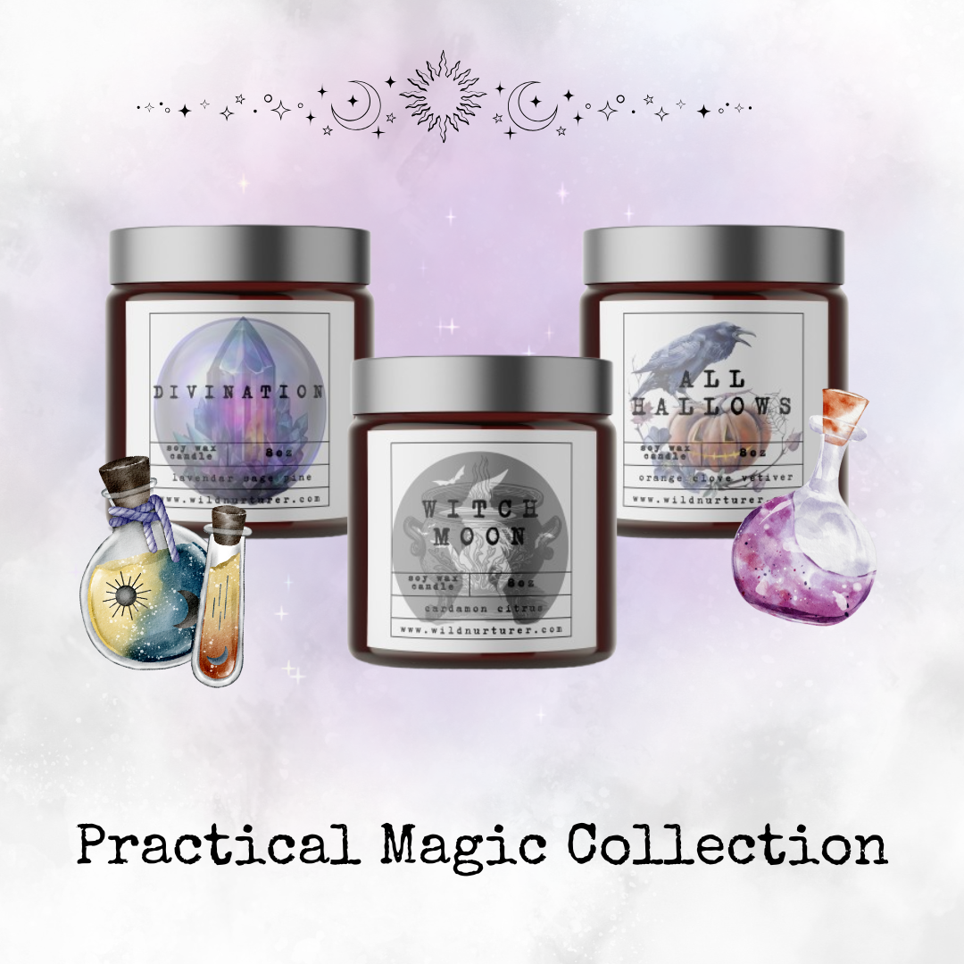 Three labeled candle jars—Divination, Witch Moon, and All Hallows—are displayed with potion bottles on a pastel, mystical-themed background. Text reads: "Practical Magic Collection.