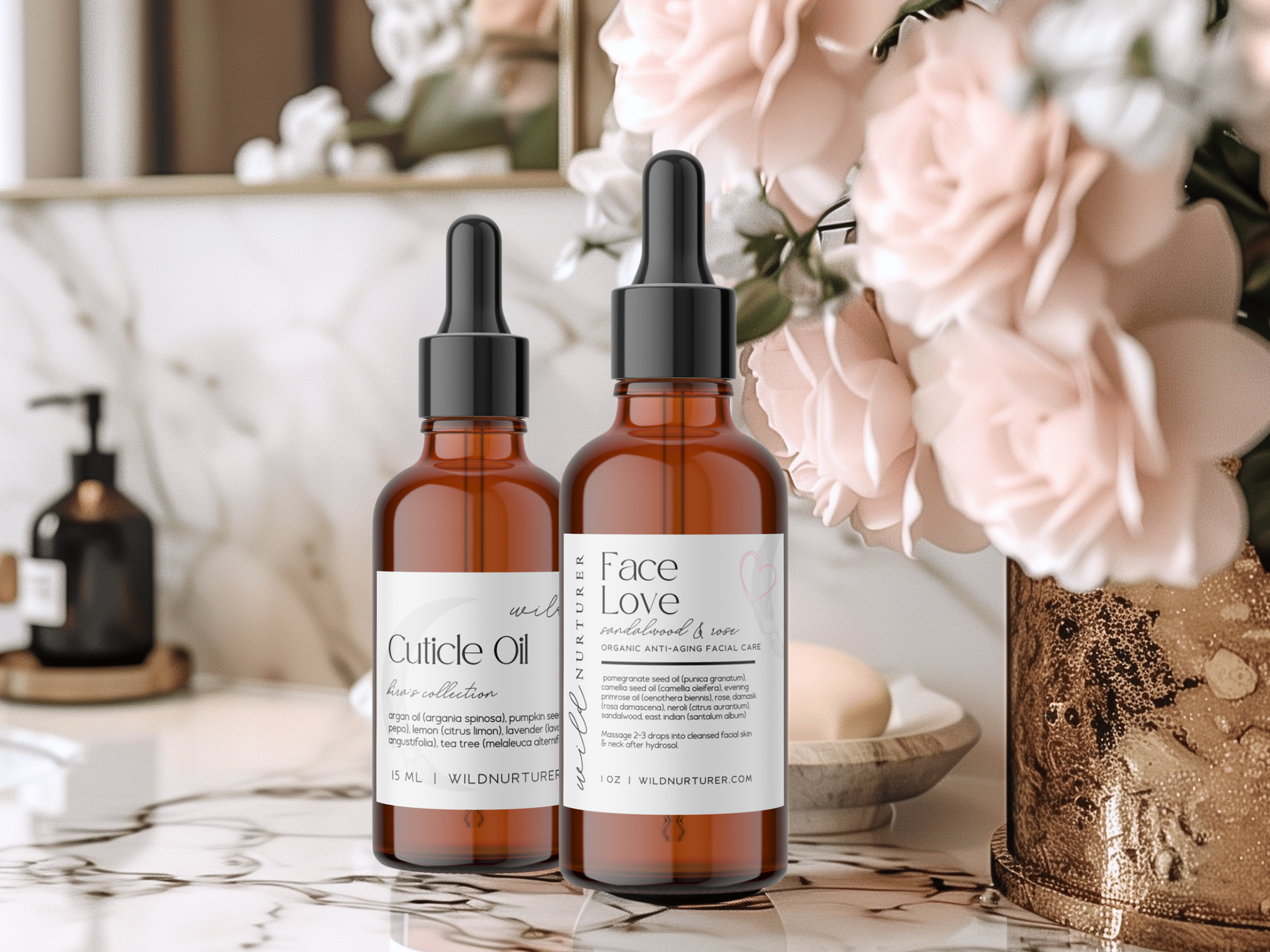 Two bottles of skincare oils labeled "Cuticle Oil" and "Face Love Oil" on a bathroom counter with decorative flowers in the background.