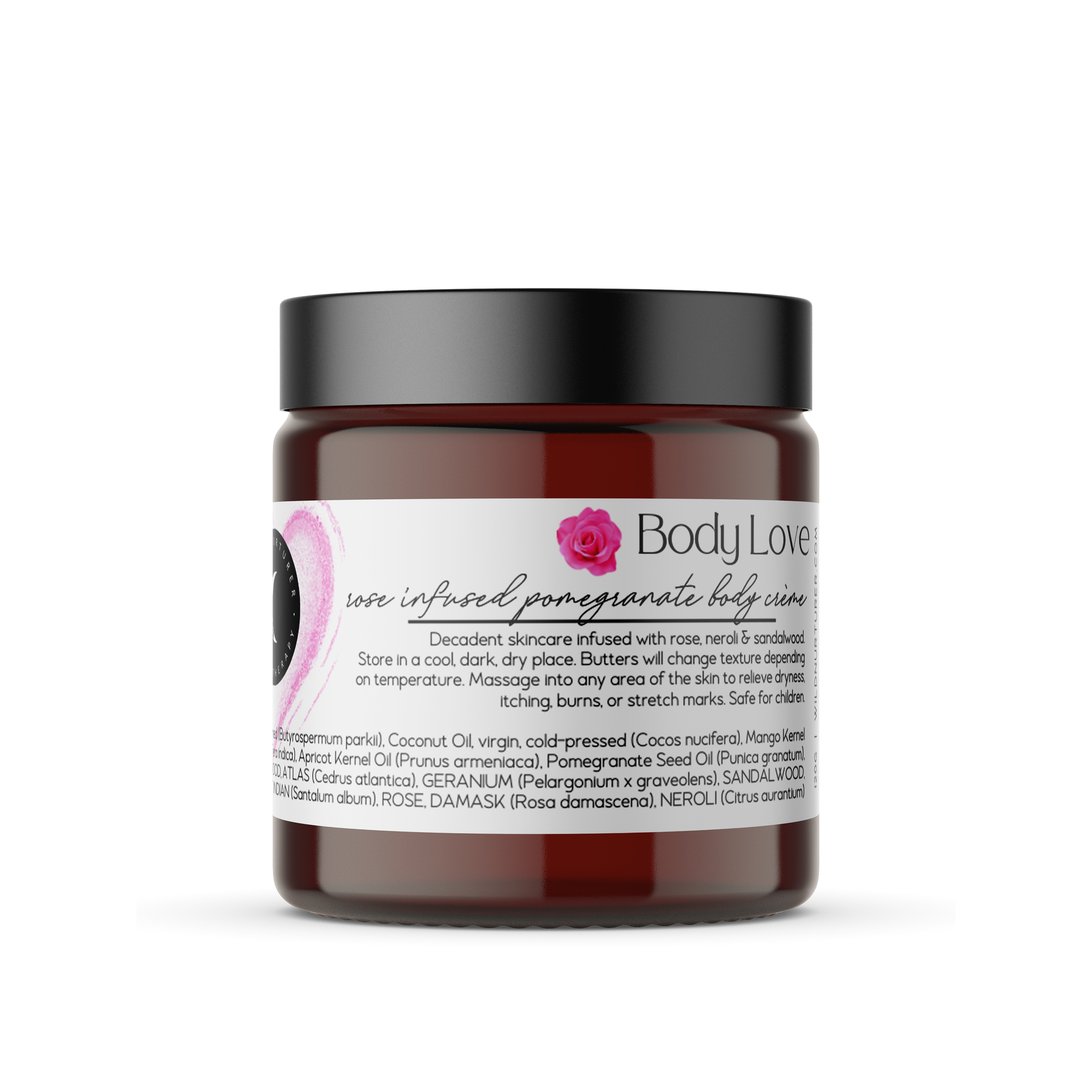 A jar labeled "Body Love" containing rose-infused pomegranate body crème, with product details and ingredients listed on the front.