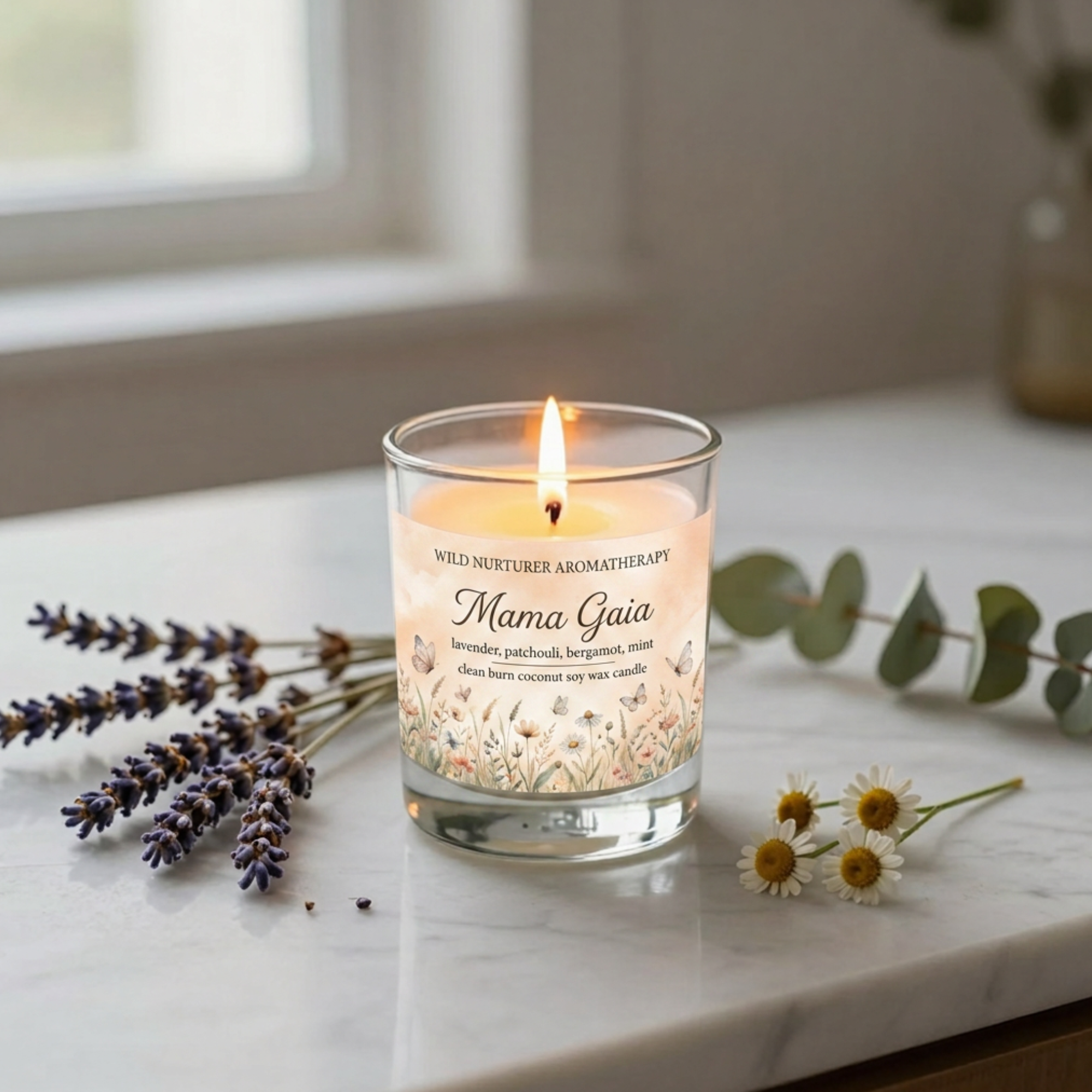 A lit scented candle labeled "Mama Gaia" sits on a white surface next to sprigs of lavender, chamomile flowers, and eucalyptus leaves.