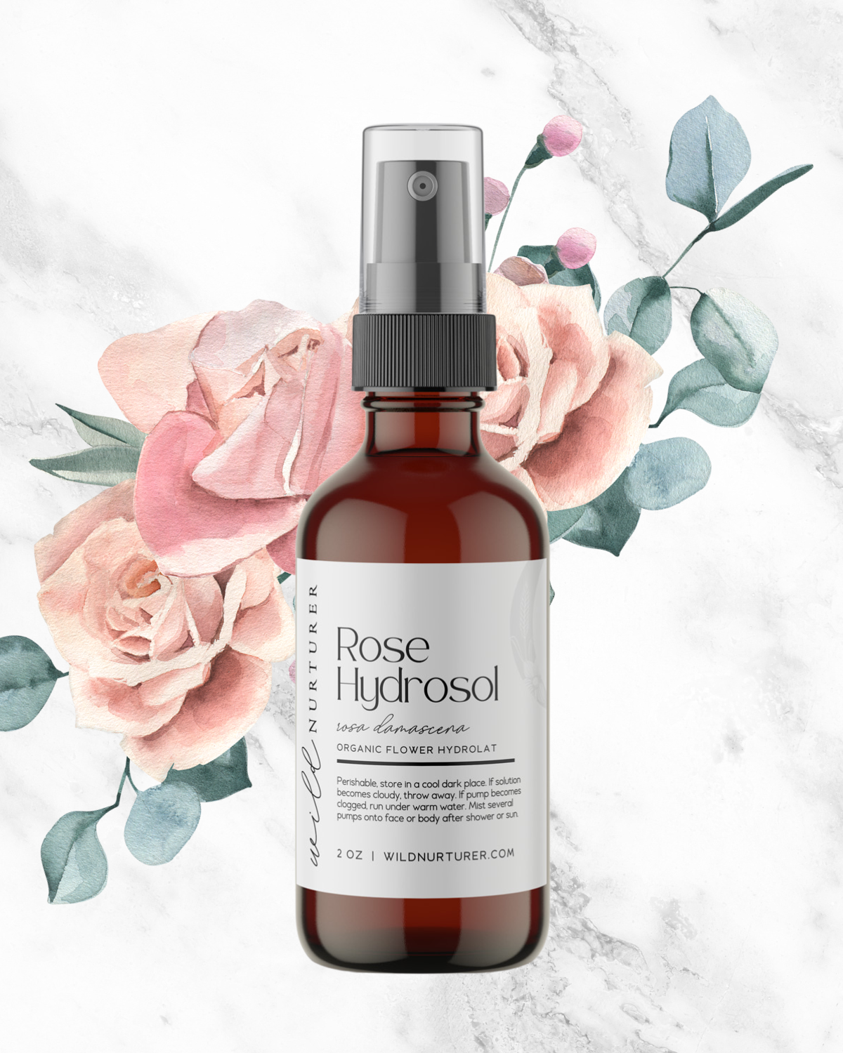 A bottle of Rose Hydrosol spray set against a backdrop of illustrated pink roses and green leaves on a marble surface.