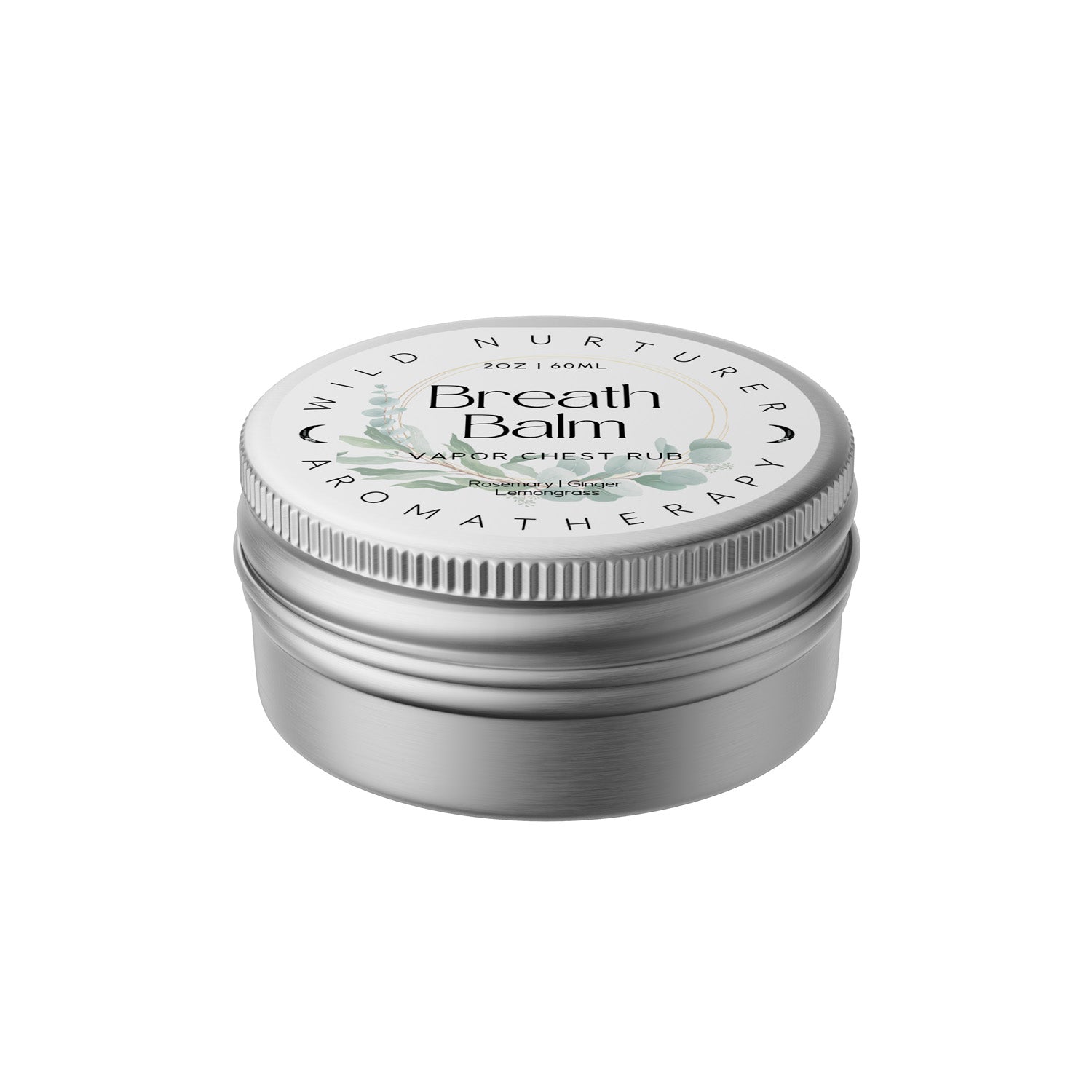 A round, silver tin container labeled "Breath Balm Vapor Chest Rub" with eucalyptus graphics on the lid.