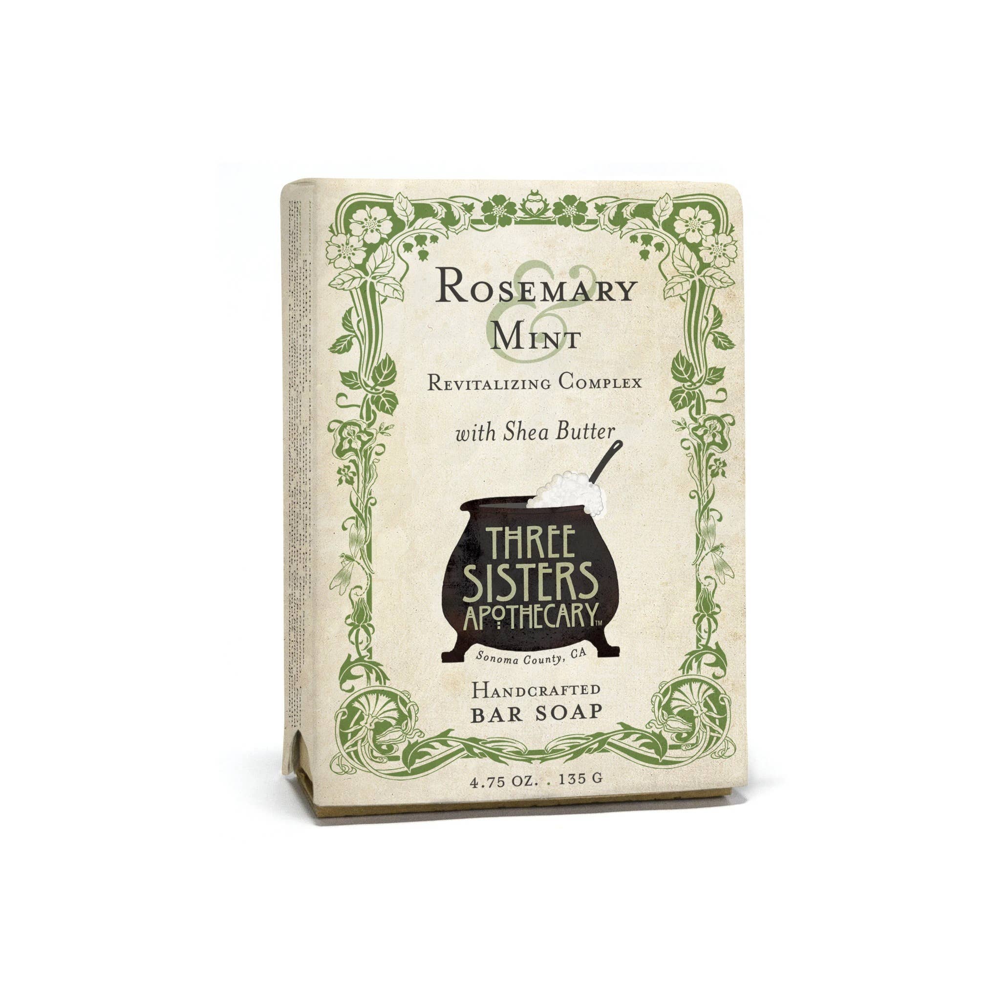 Soap Cauldron's Bar Soap "Rosemary & Mint" features a Shea Butter and Peppermint complex, weighs 4.75 oz (135 g), and is adorned with floral designs.