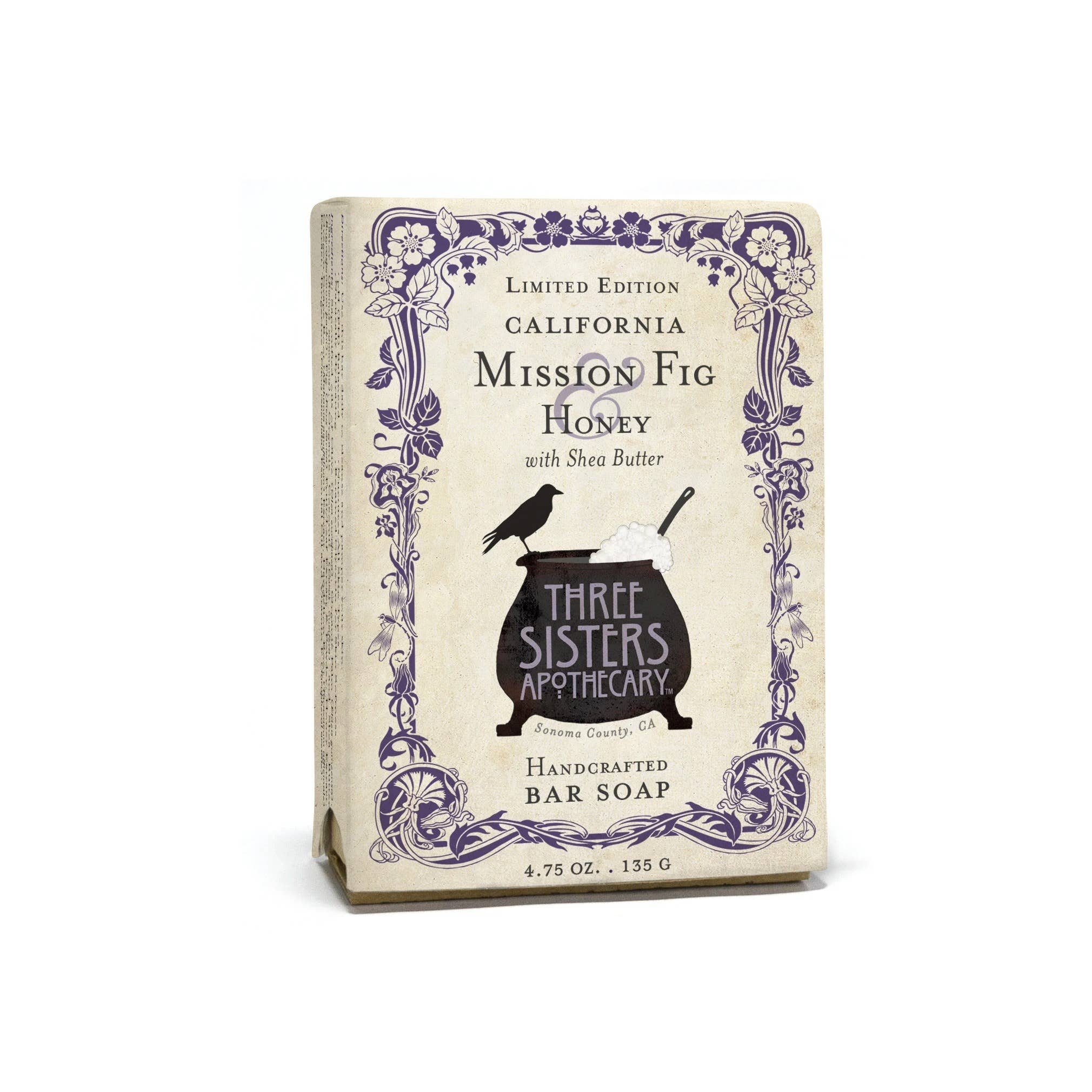 A limited edition 4.75 oz bar soap featuring California Mission Fig & Honey by Soap Cauldron, with Organic Palm and Shea Butter, offers a nourishing and aromatic experience.