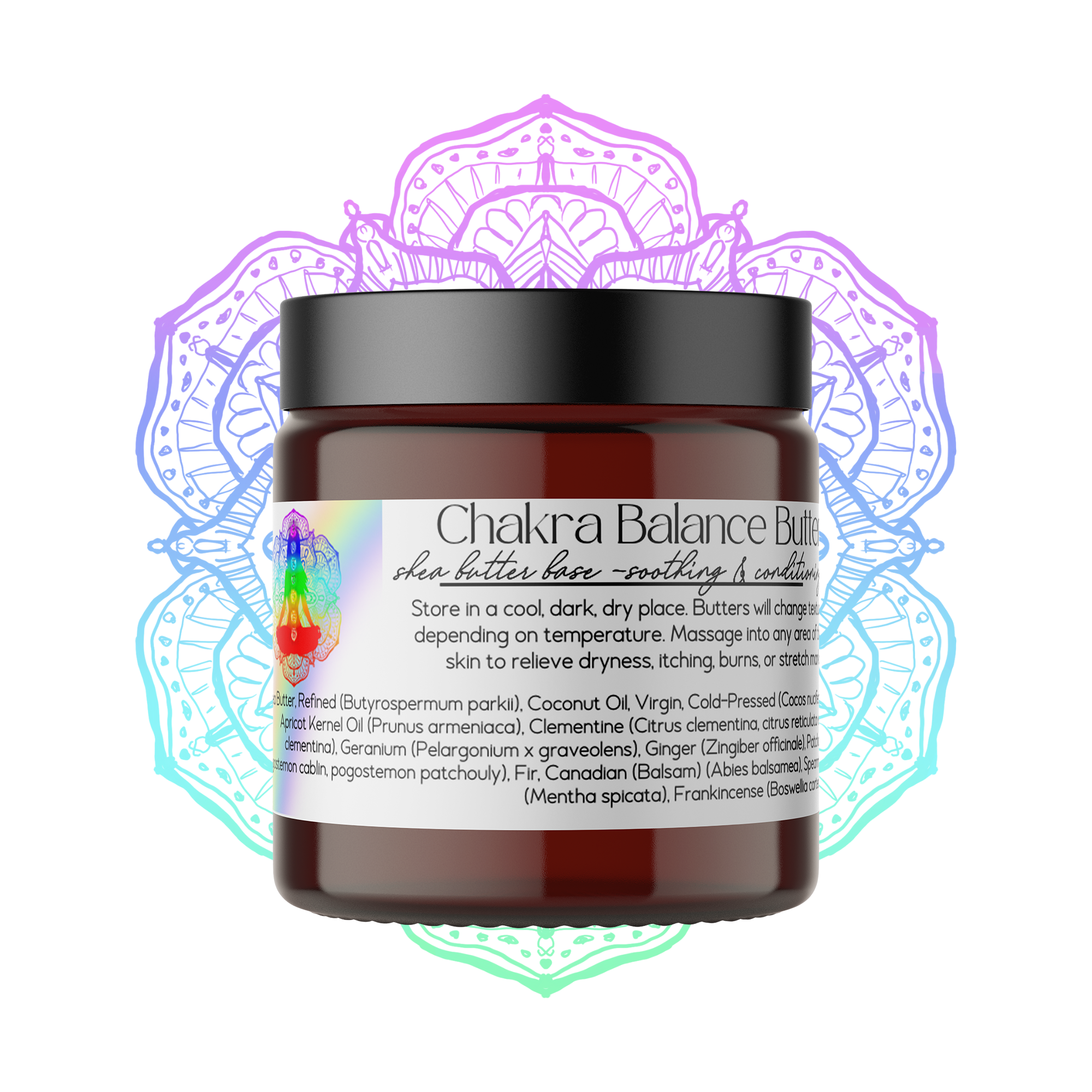 A brown jar from the Heaven & Earth Aromatherapy Chakra Balance Collection, featuring essential oil infusion and usage details, is set against a vibrant mandala background.
