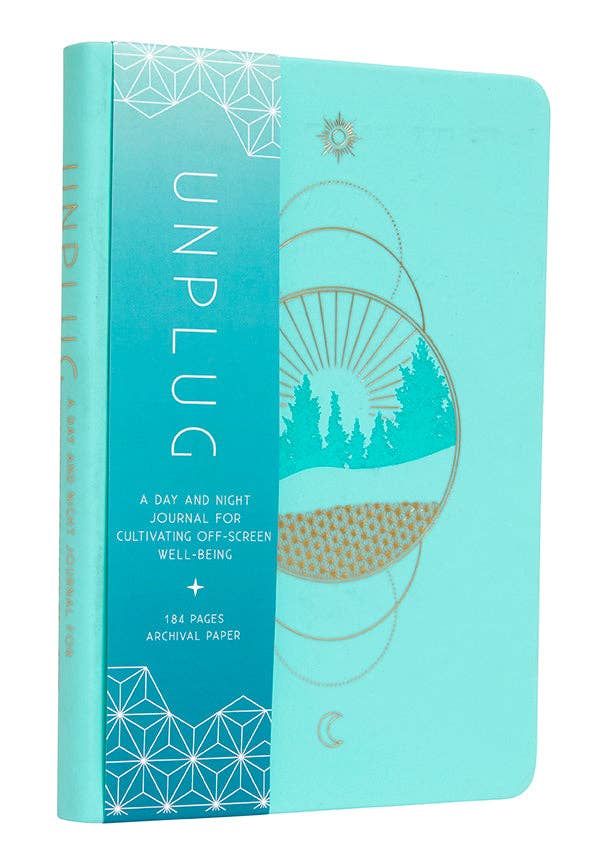 The Insight Editions "Unplug: A Day and Night Journal" is a turquoise reflection journal designed to aid your digital detox journey. With 184 pages of archival paper adorned with an abstract forest design and geometric patterns, this journal also serves as a screen time tracker to help you cultivate off-screen well-being.