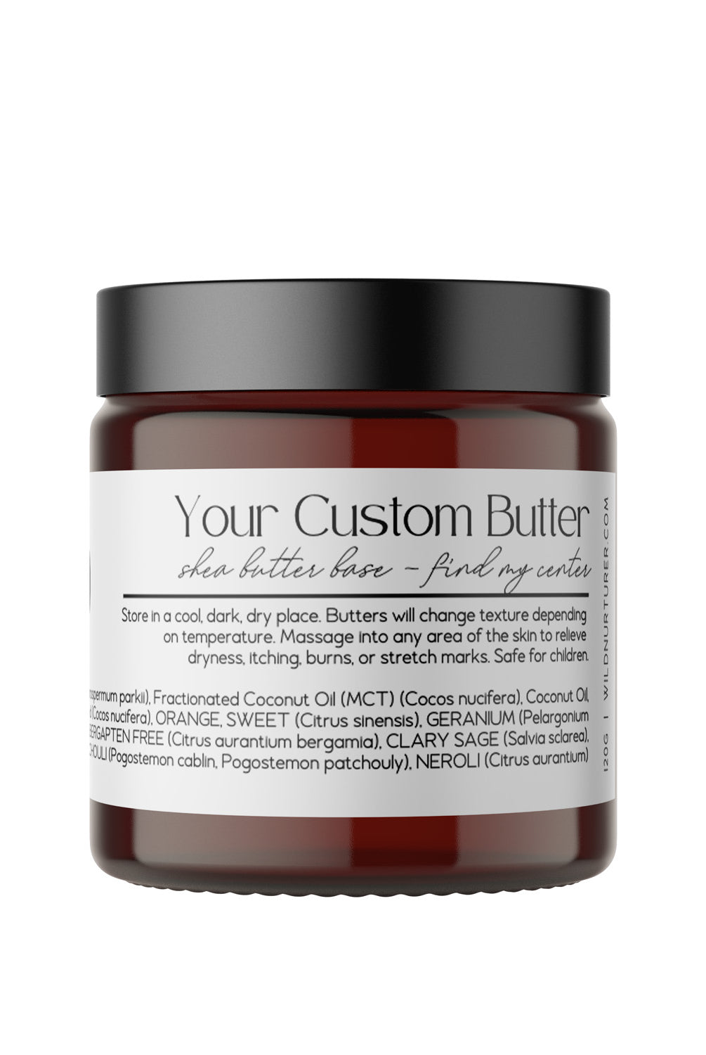 A red jar of Wild Nurturer Aromatherapy Customizable Body Butter - 4oz Size with product details on the label, displayed against a white background.