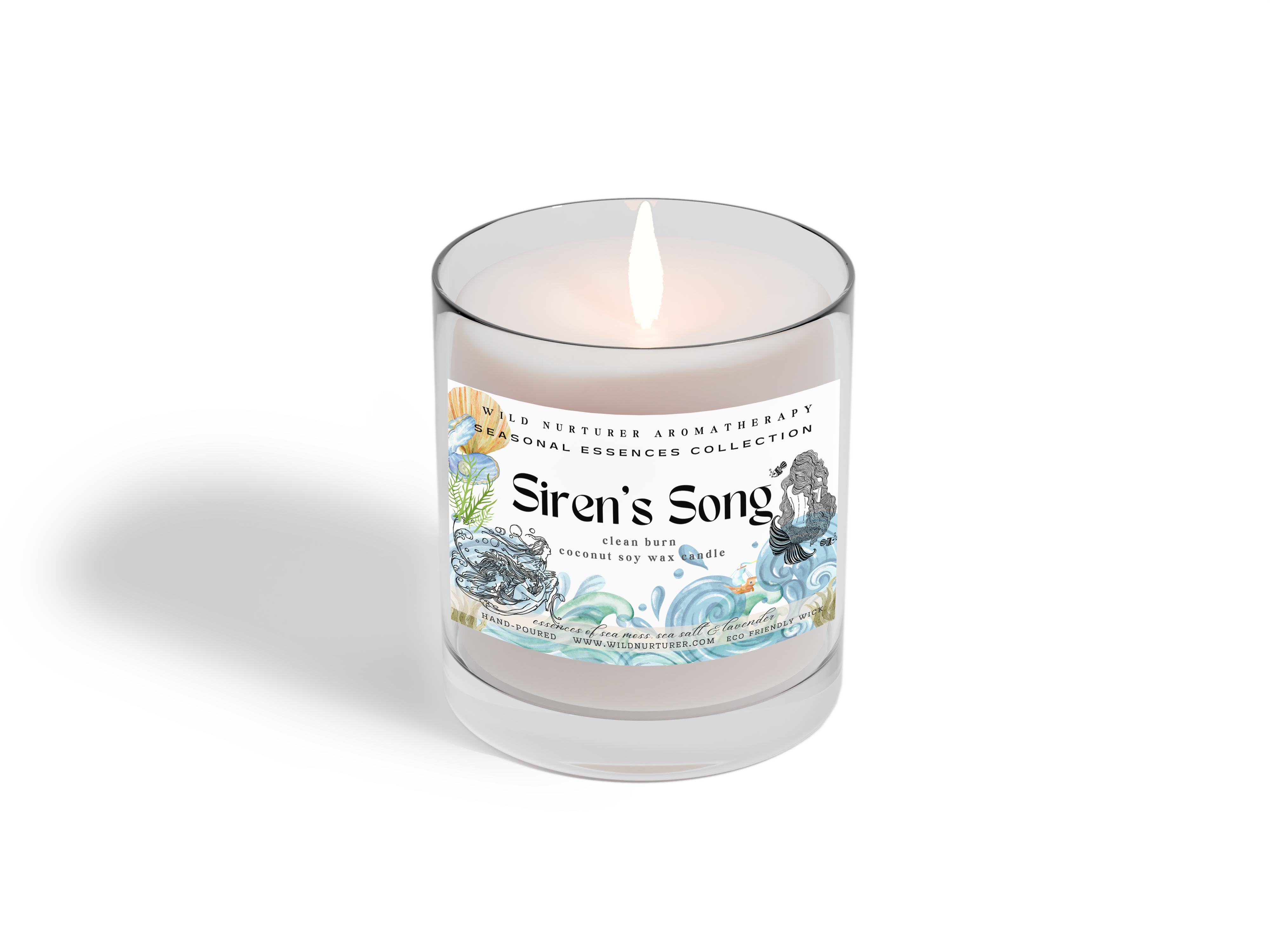 Heaven & Earth Aromatherapy’s Siren's Song candle fills your space with Irish moss, marine notes, and lavender, capturing a coastal vibe in a clear glass jar with ocean-inspired artwork.