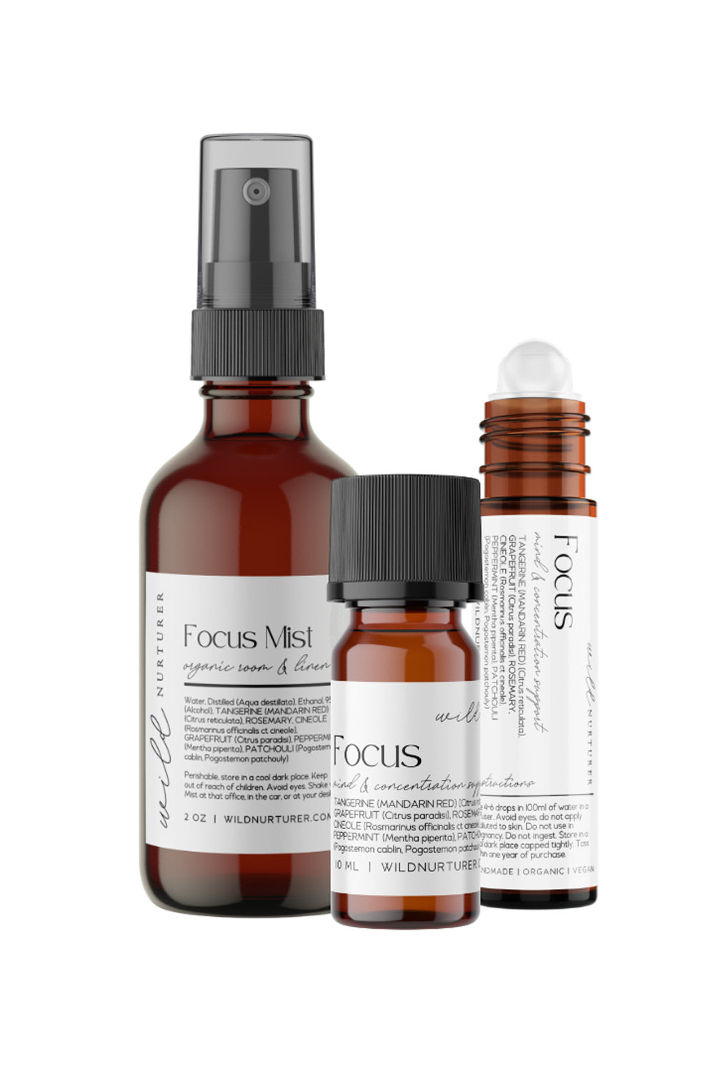 Two bottles of Wild Nurturer Aromatherapy's "Focus Blend" essential oil spray, one larger with a spray nozzle and one smaller with a dropper, both with white labels on a white background.