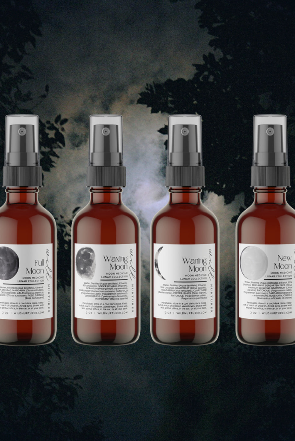 Five bottles of Moon Medicine Collection essential oil skincare products with spray nozzles, labeled with moon phases, against a dark, misty forest background.