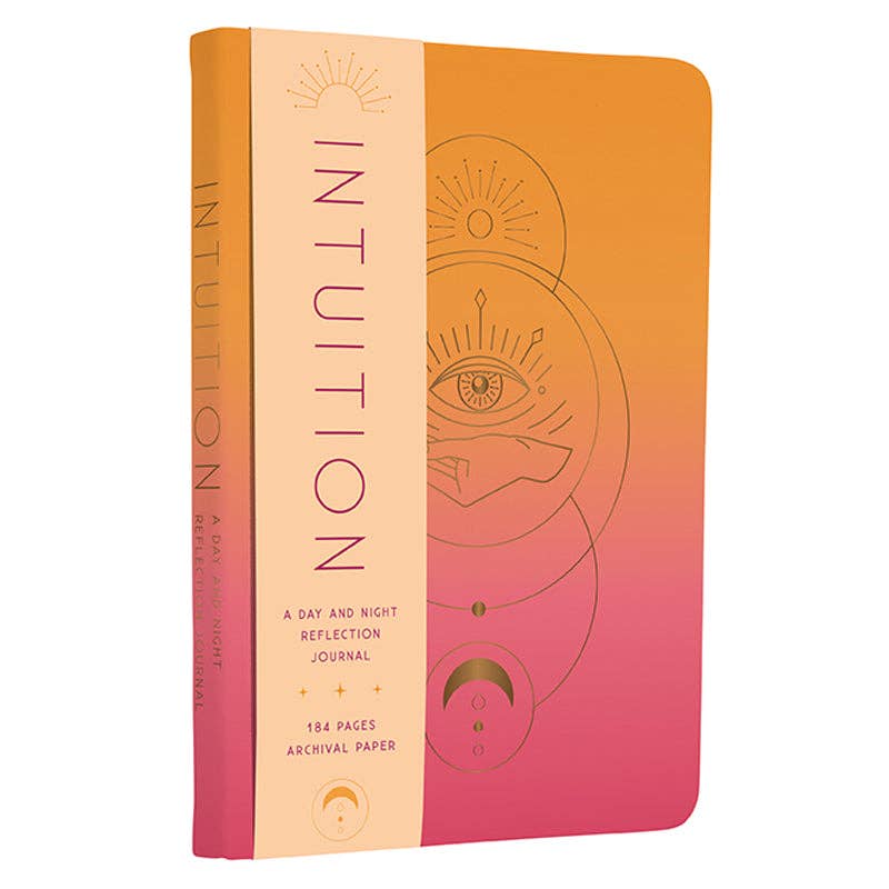 The "Intuition: A Day and Night Reflection Journal" by Insight Editions features a pink and orange gradient cover with symbolic line art, including an eye and moon. It contains 184 pages of archival paper, making it a perfect mindfulness system to tune into your inner voice.