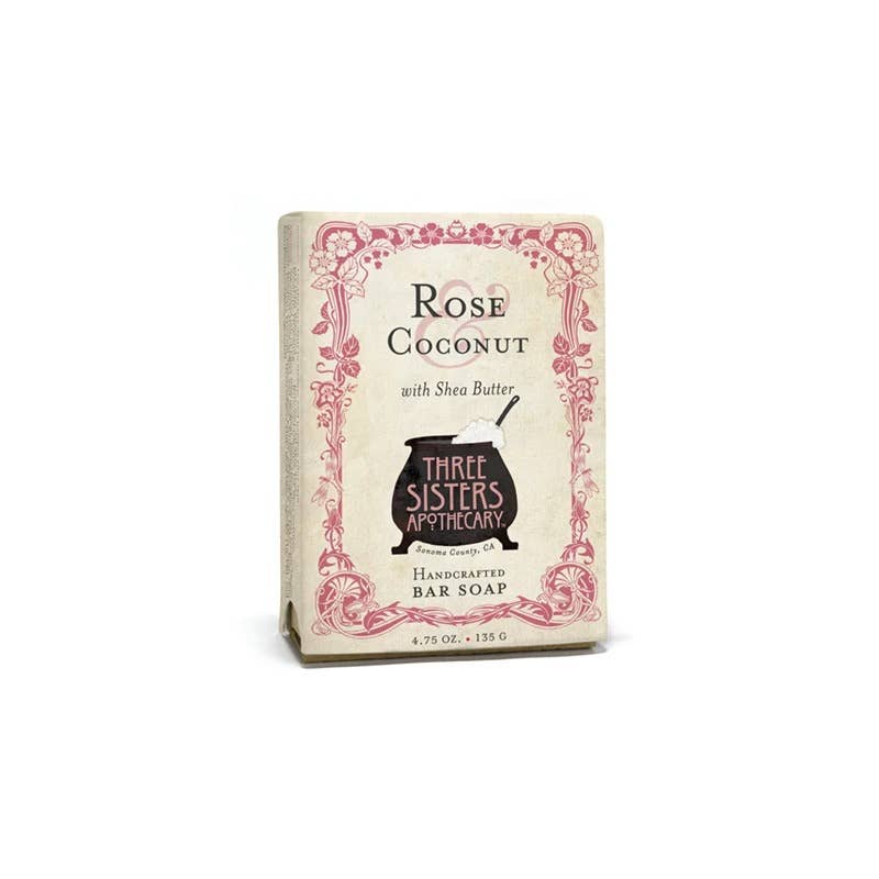 A 4.75 oz bar of Soap Cauldron's Bar Soap Rose & Coconut Milk, crafted with rose essential oil and shea butter for a luxurious lather, enriched with nourishing coconut milk.