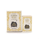 Two soap boxes labeled "Bar Soap Lemon & Ginger: 4.75oz" from Soap Cauldron. The larger 4.75 oz box and the smaller 1.75 oz box are adorned with decorative designs infused with ginger essential oil for a refreshing aromatic experience.