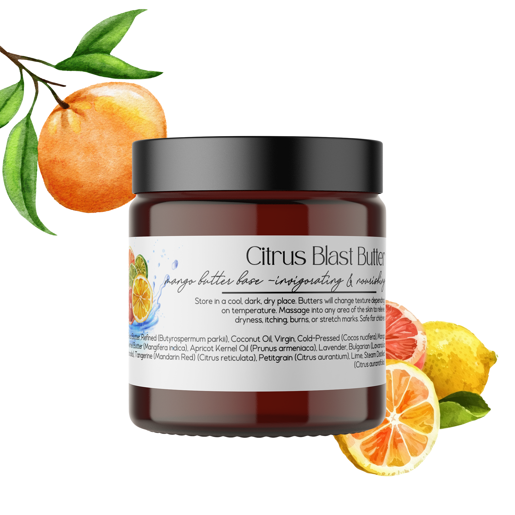 A 4oz jar of Heaven & Earth Aromatherapy's Body Butter – NEW Citrus Blast Summer Skincare, featuring citrus fruit art and a brown container with black lid, is perfect for hydrating your skin this summer.
