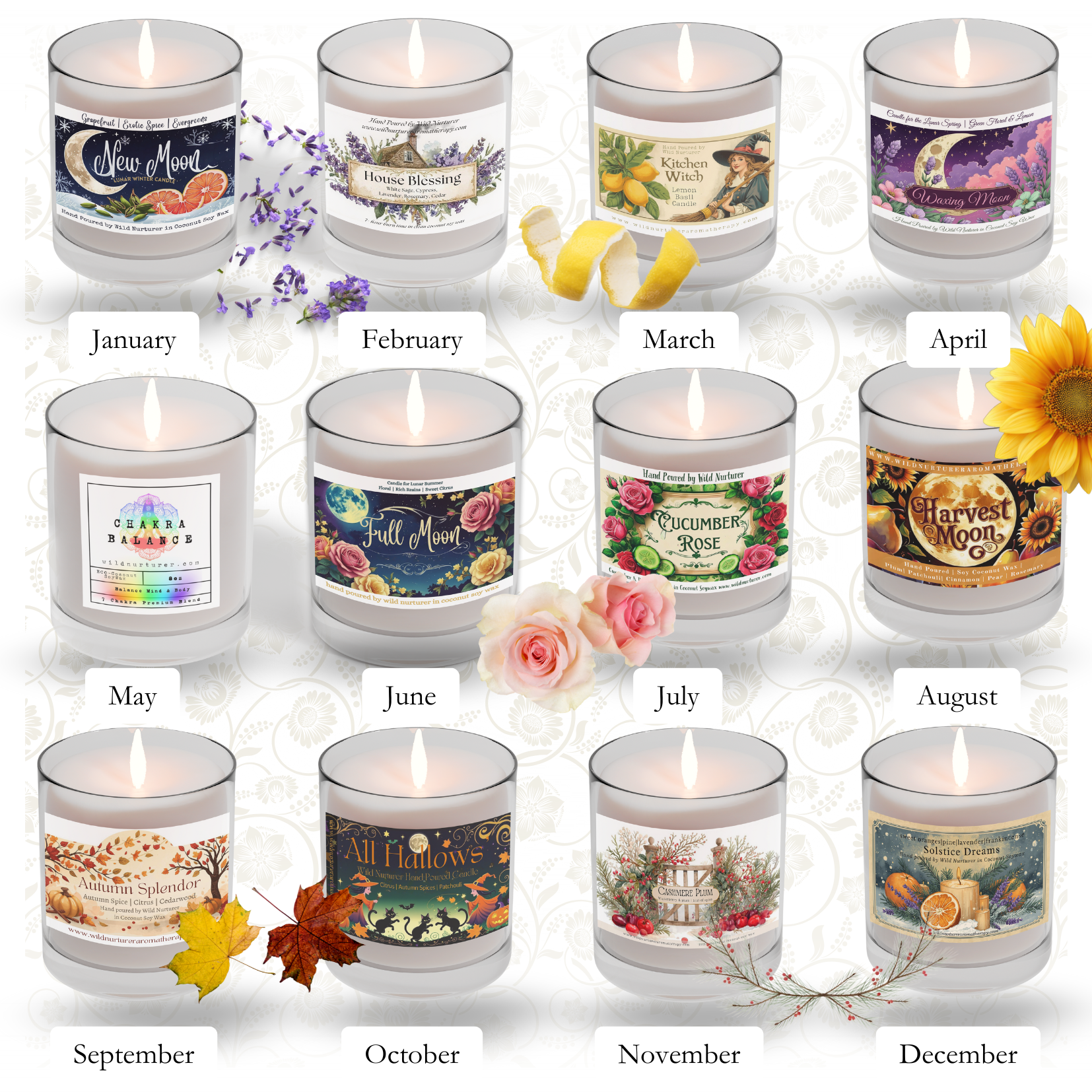 Enjoy the Candle Club - Monthly Subscription Delivery by Wild Nurturer Aromatherapy: twelve hand-poured, themed candles—one for each month, from New Moon in January to Yuletide Blessings in December. Ideal for eco-friendly candle lovers year-round.