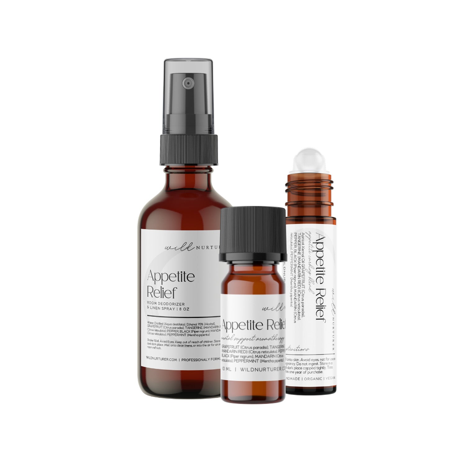 Three bottles of Wild Nurturer Aromatherapy Appetite Relief skincare products with labels, one with a spray nozzle and two with droppers, isolated on a white background.