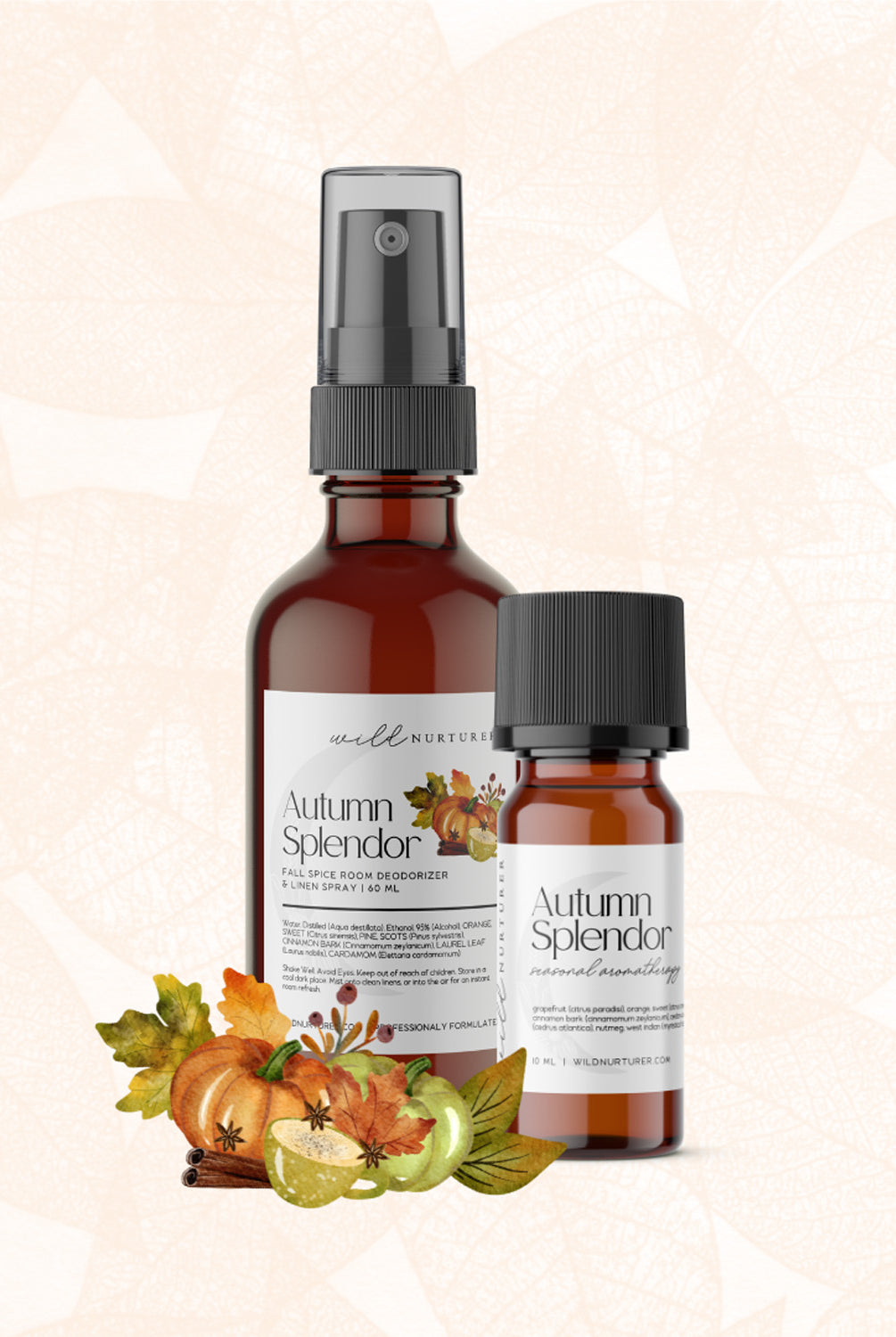 Two Autumn Splendor Wild Nurturer Aromatherapy products, a spray bottle and a smaller essential oil bottle, with a decorative autumn leaf and pumpkin design below them.