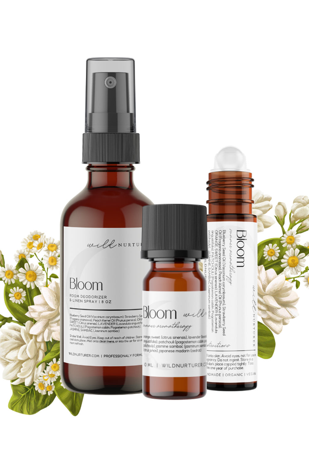 Three Bloom Exotic Aromatherapy & Skincare Blend products by Wild Nurturer Aromatherapy, featuring spray and dropper bottles surrounded by white floral accents on a white background.