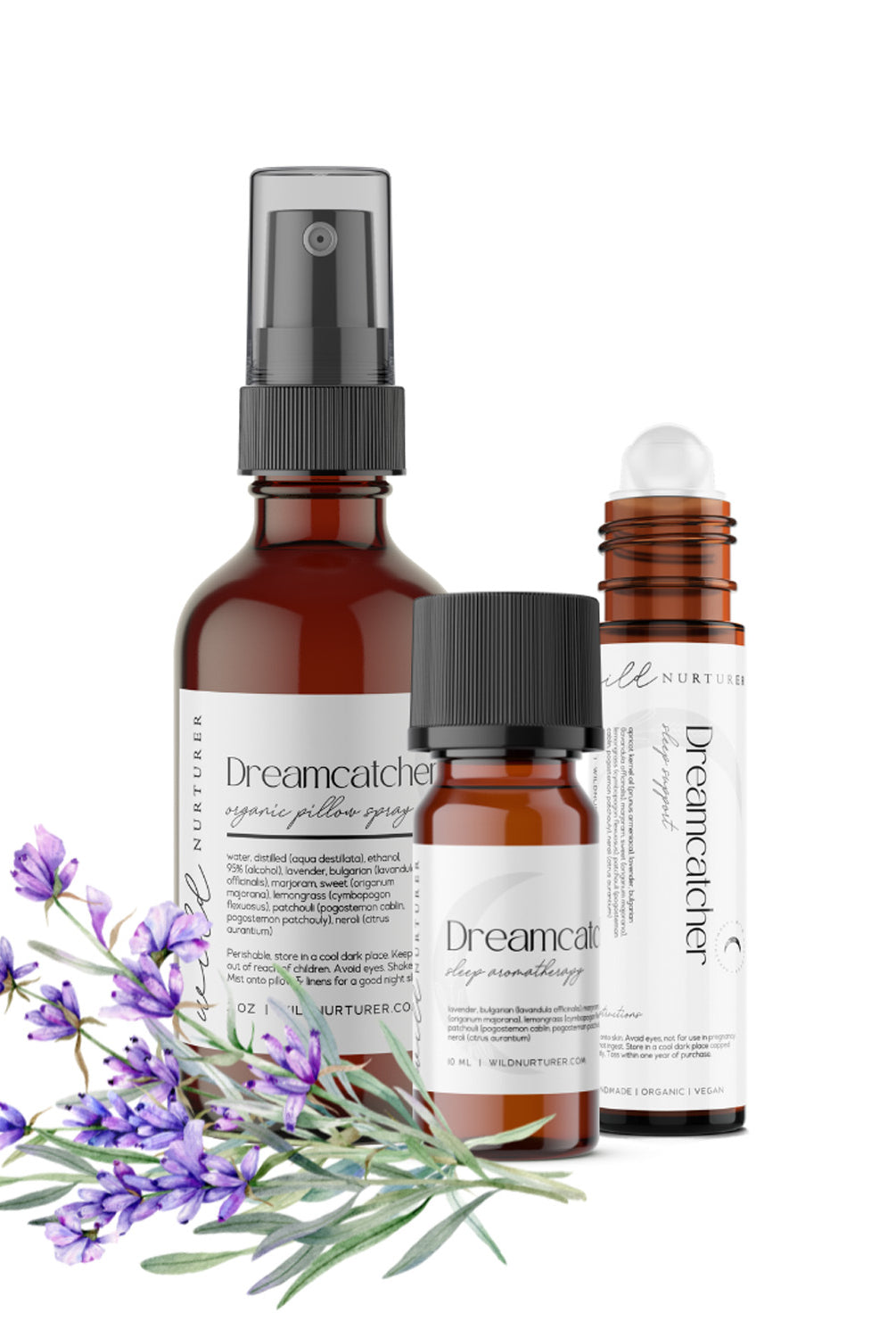 Three bottles of Dreamcatcher Organic Sleep Aromatherapy products with purple flowers on a white background by Wild Nurturer Aromatherapy.