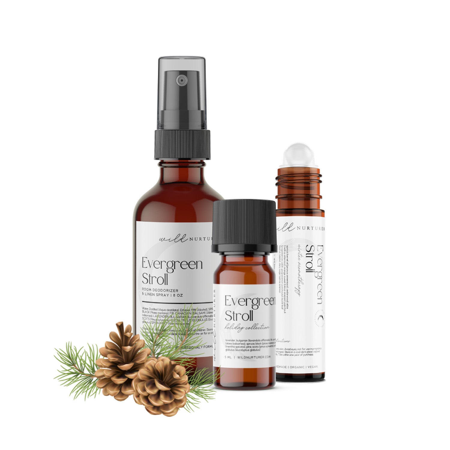 Three Evergreen Stroll - Winter Perfumery Diffuser Blend products from Wild Nurturer Aromatherapy, including a spray bottle and two small bottles, accompanied by pine cones and pine needles on a white background.