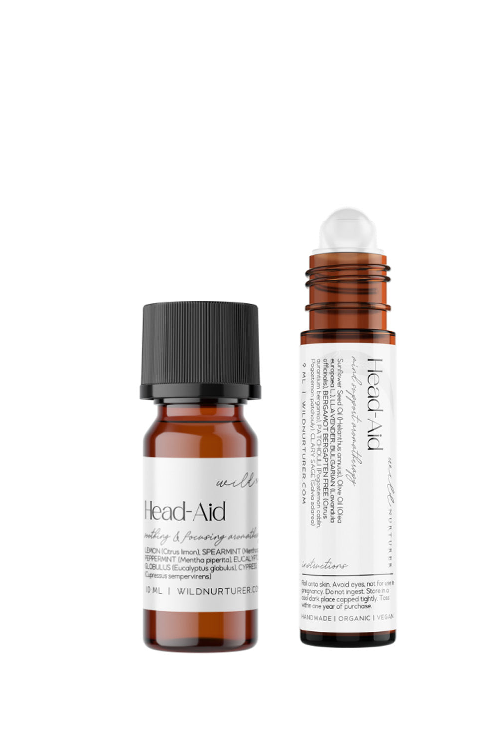 Two Head-Aid: Tension Relief Aromatherapy roller bottles on a white background, one standing upright and the other laying horizontally with a label visible.