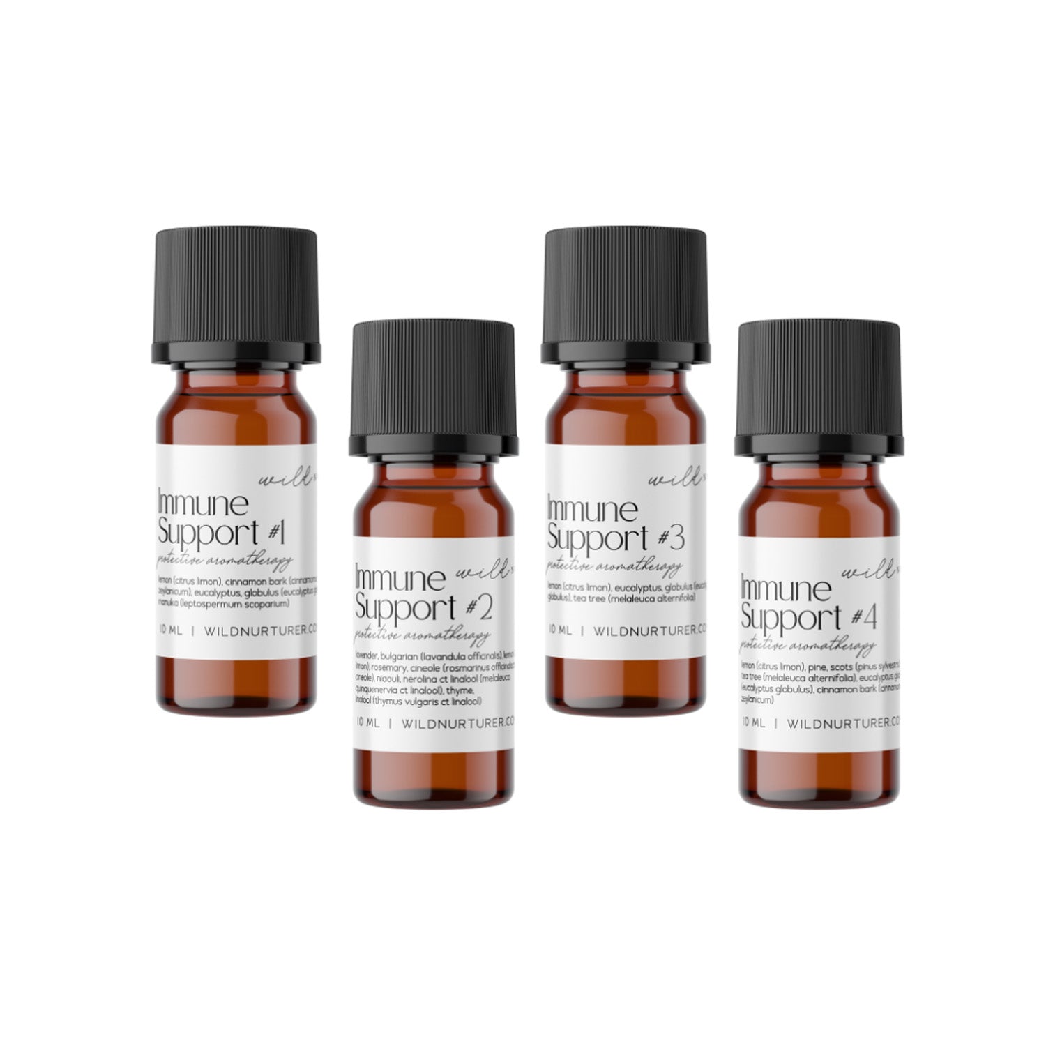 Four bottles of Wild Nurturer Aromatherapy's Immune Support Collection, labeled "immune support" 1 through 4, each containing 1 fl. oz of wild natural essential oil, arranged in a row on a white background.