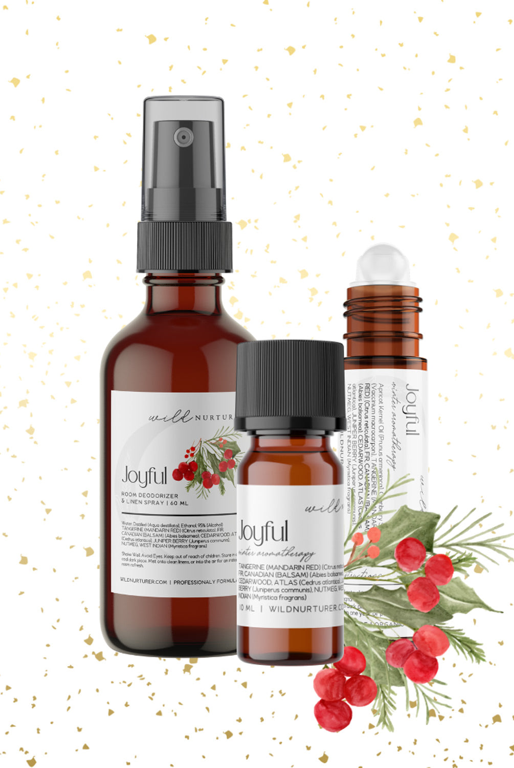 Two bottles of "Joyful Aromatherapy Holiday Blend" skincare products by Wild Nurturer Aromatherapy, with a spray and dropper, decorated with botanical illustrations and a gold confetti background.
