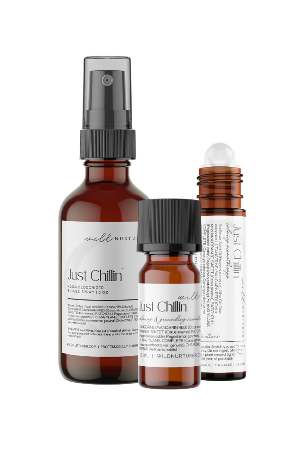 Two "Just Chillin' Aromatherapy Blend" by Wild Nurturer Aromatherapy, including a spray bottle and a dropper bottle of essential oil, isolated on a white background.